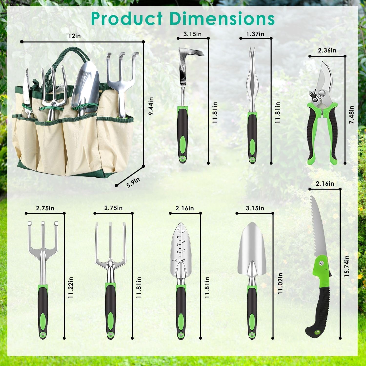 Heavy Duty Aluminum Alloy Garden Tools Set - 13Pcs Rustproof Gardening Hand Kit with Ergonomic Handle, Includes Storage Tote Bag, Pruning Shears, Trowel for Outdoor Planting