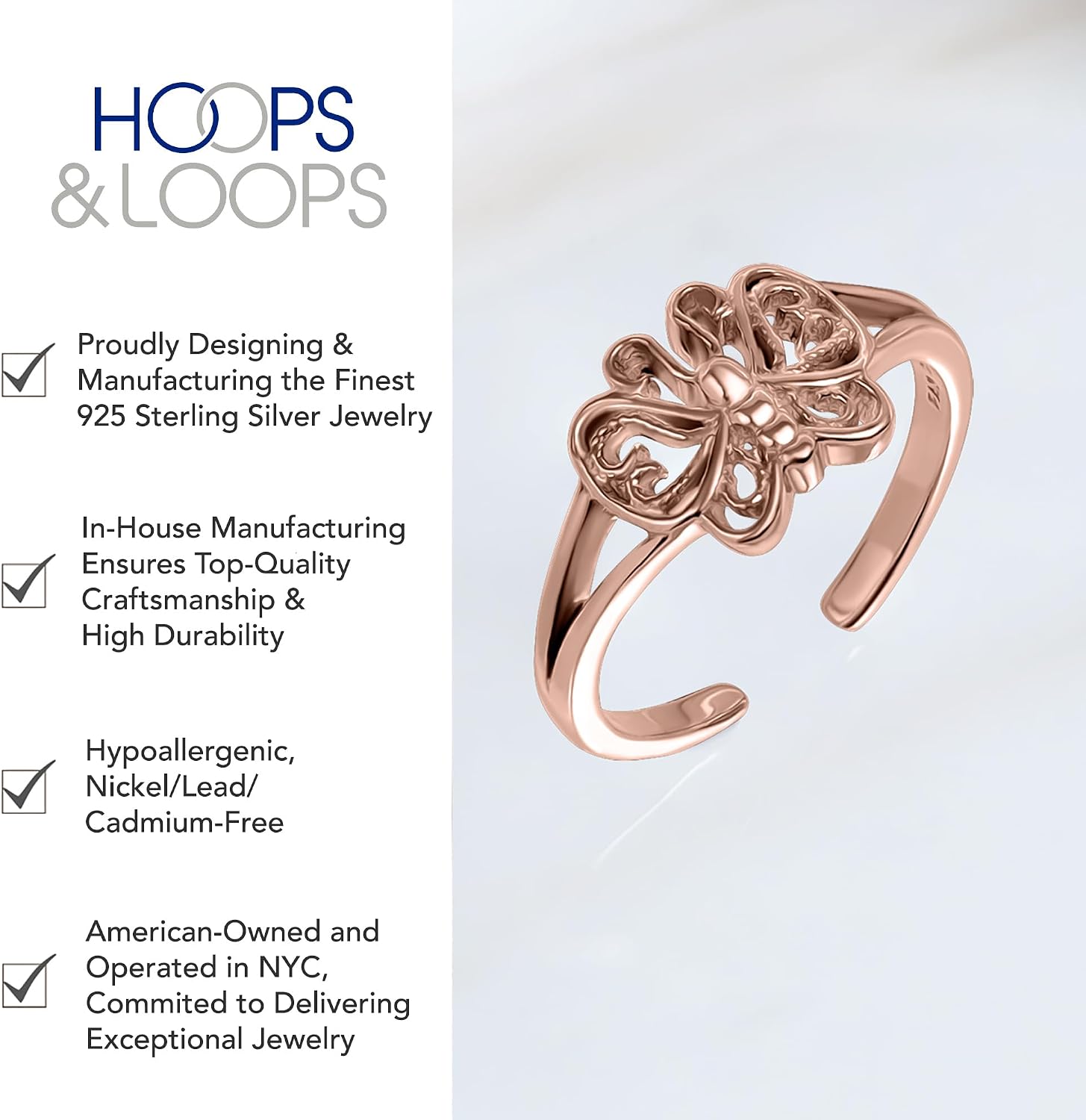 Hoops & Loops 925 Sterling Silver Butterfly Open Toe Ring for Women Men