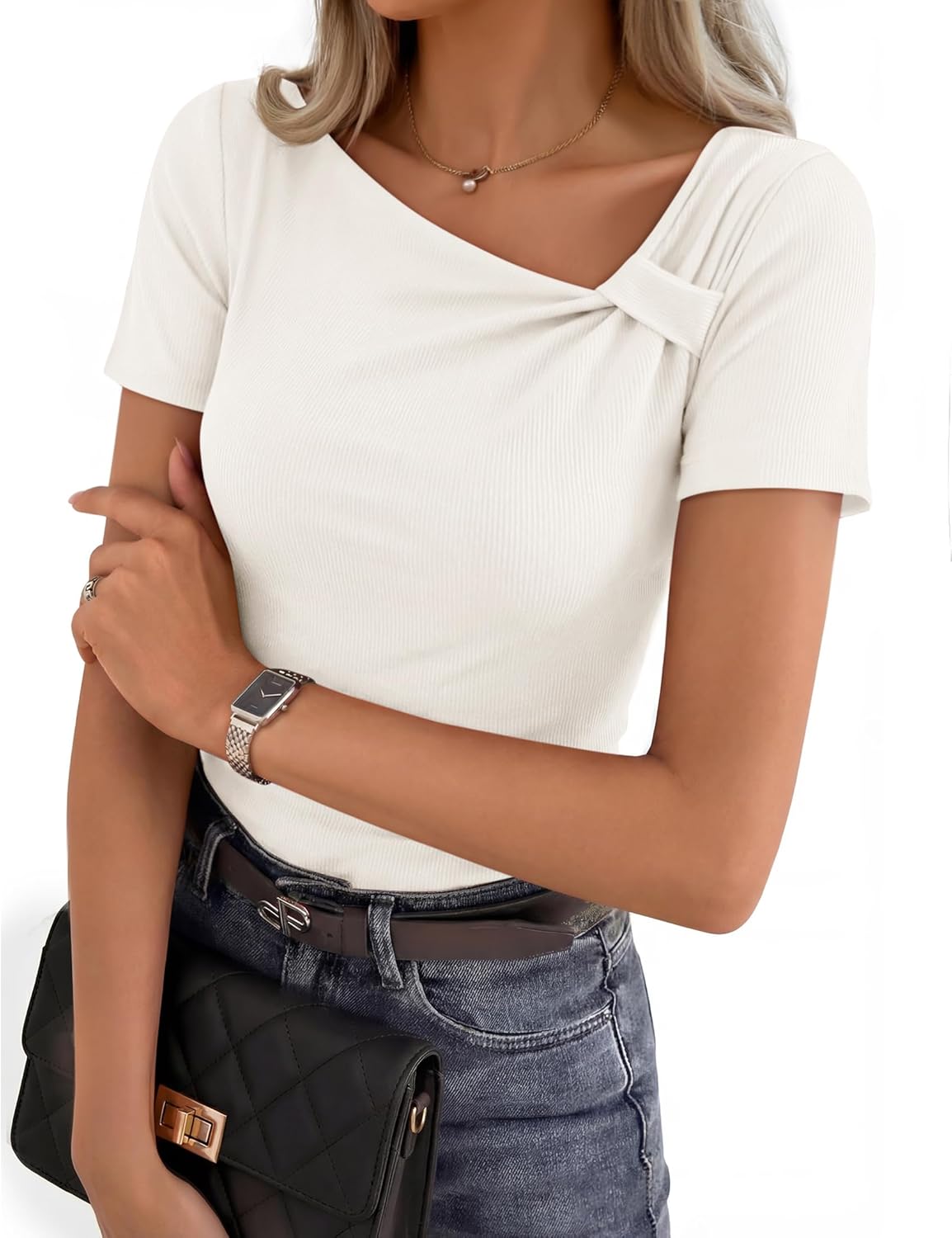 ZESICA Women’s Spring Asymmetrical Short Sleeve Tops 2026 Summer Ruched Fitted Going Out Shirts Fashion Vacation Clothes