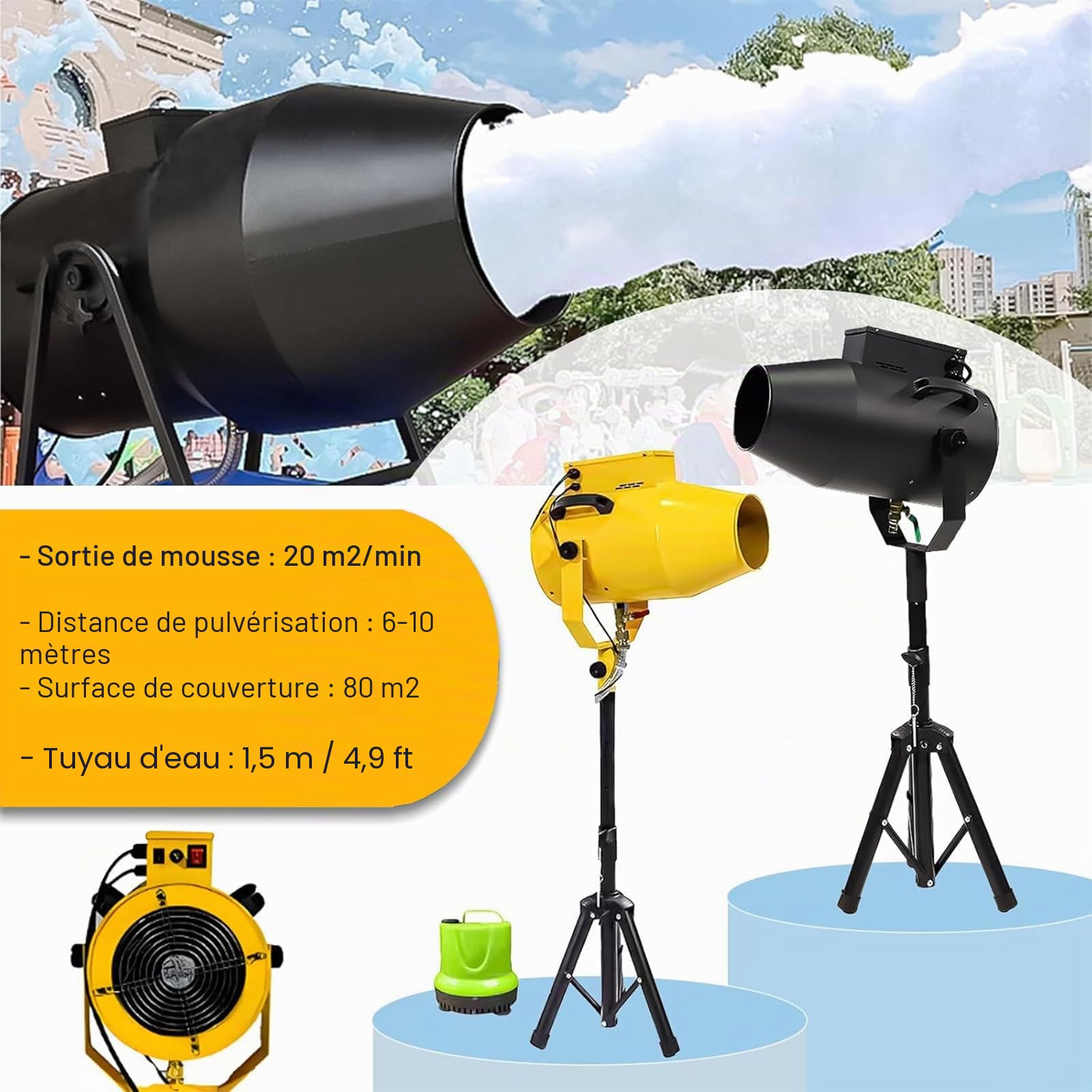 Grande Machine à Mousse, Canon a Mousse Haute Puissance 1000W, Machine a Bulle à Angle Réglable pour Fête en Plein Air, Baignade Estivale pour Enfants, Distance de 6 à 10 m/Zone de 80 ㎡ Black