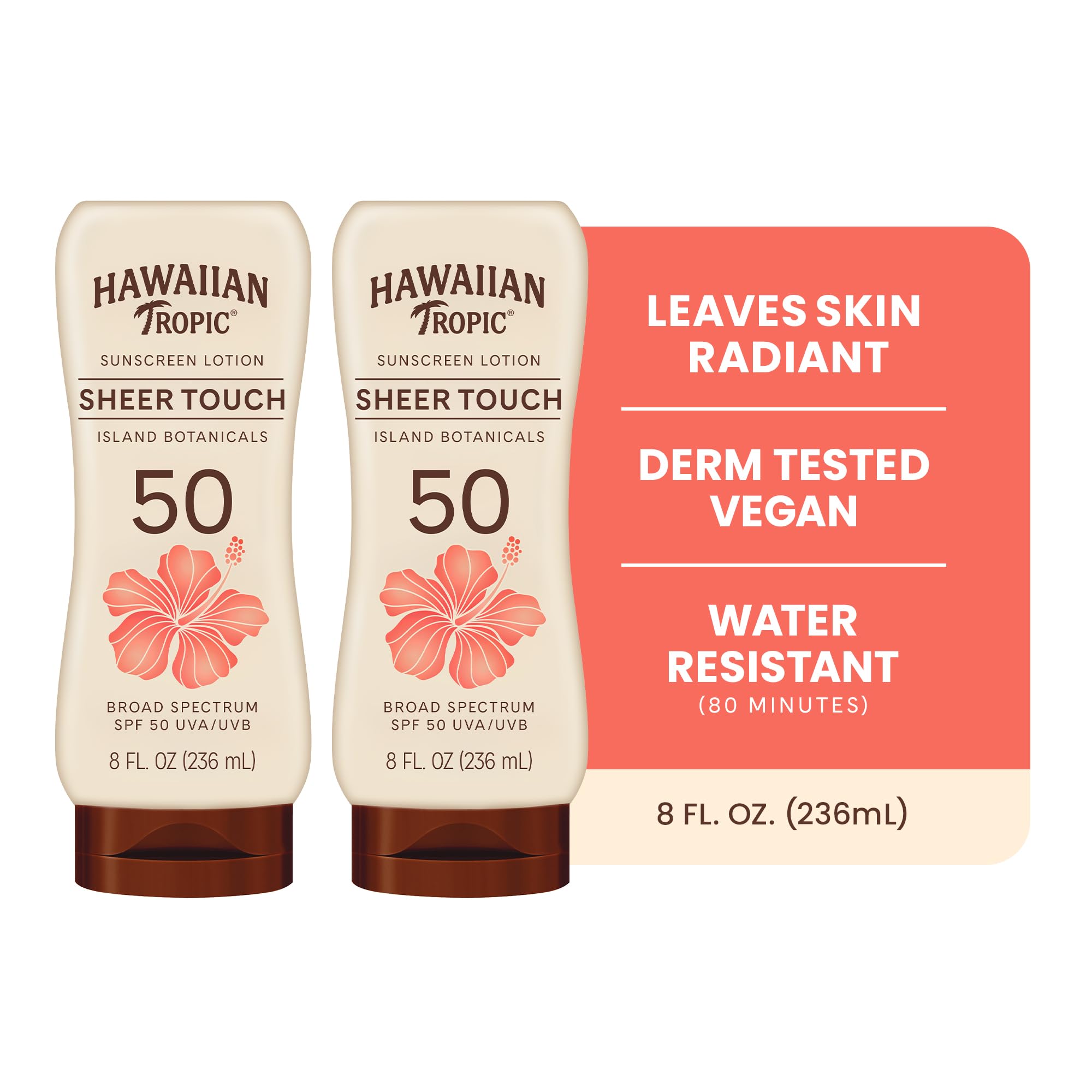 Hawaiian Tropic SPF 50 Broad Spectrum Sunscreen, Sheer Touch Moisturizing Protection Sunscreen Lotion, Coconut, 16.0 Fl Oz (Pack of 2)