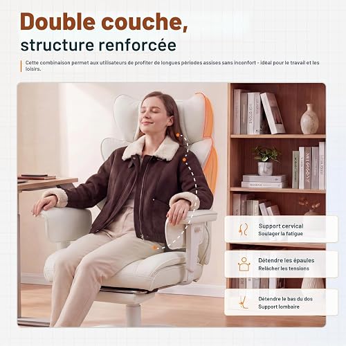 Dowinx Chaise Ergonomique Gaming et Bureau – Coussin à Ressorts ensachés, Dossier Double Couche Souple, accoudoirs réglables, Soutien Lombaire, Repose-Pieds (PU Blanc) - 2