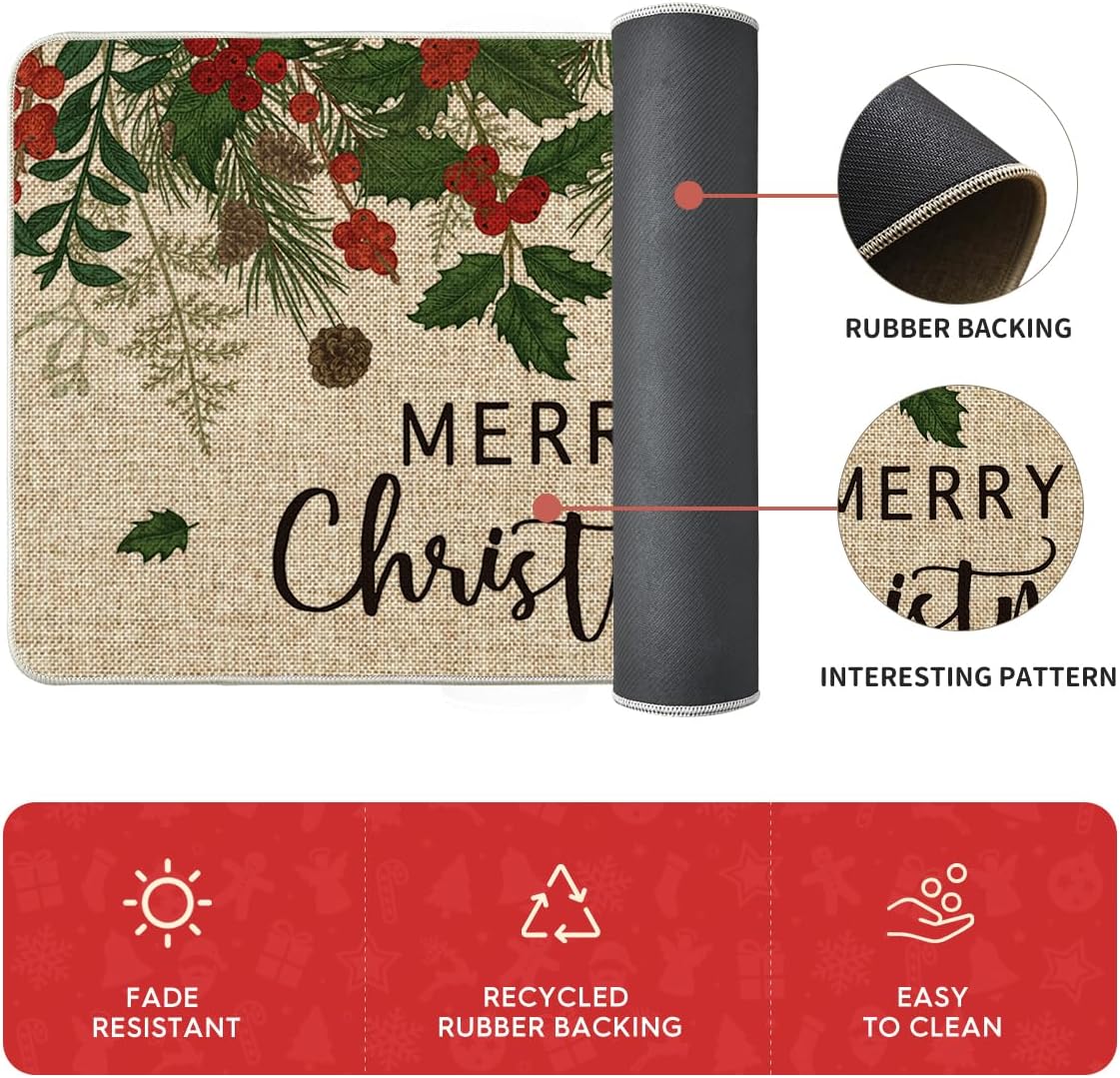 Artoid Mode Leaves Holly Merry Christmas Kitchen Mats Set of 3, Winter Home Decor Low-Profile Kitchen Rugs for Floor - 17"x29"+17"x36"+17"x47"