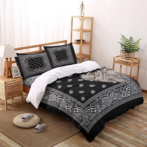 Miniatura 2 de muobv Popular Hip Hop - Juego de funda de edredón de 3 piezas con estampado de flores de anacardo y anacardos, estilo damasco negro, funda de
