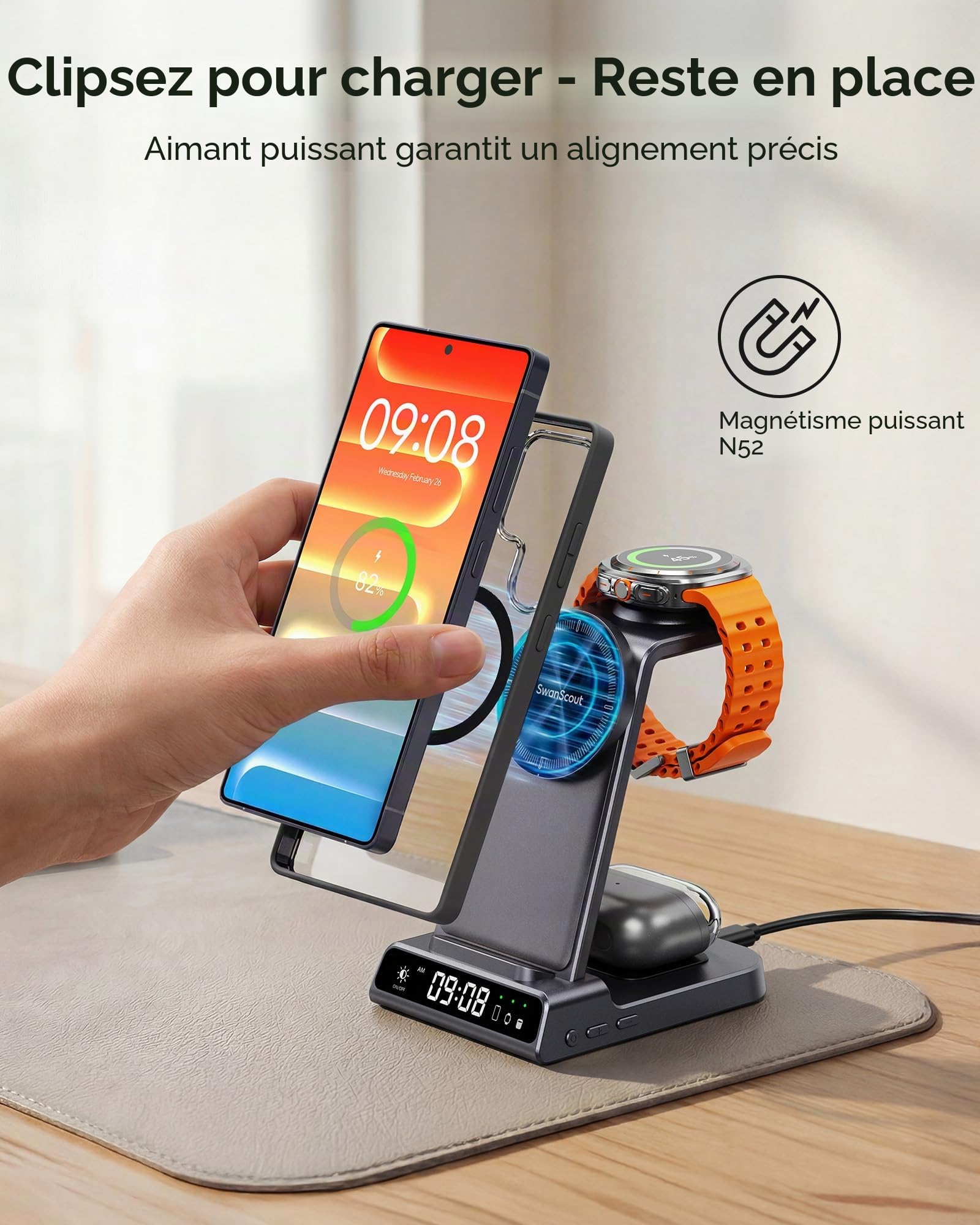 Chargeur magnétique pour Samsung S26 Ultra, Station de Recharge sans Fil 3 en 1 pour Galaxy S25/S24/S23/Z Fold/Z Flip, pour Galaxy Watch 8/8 Classic/Ultra/7/6/5, Galaxy Buds 3 Pro/3 (sans Adaptateur)