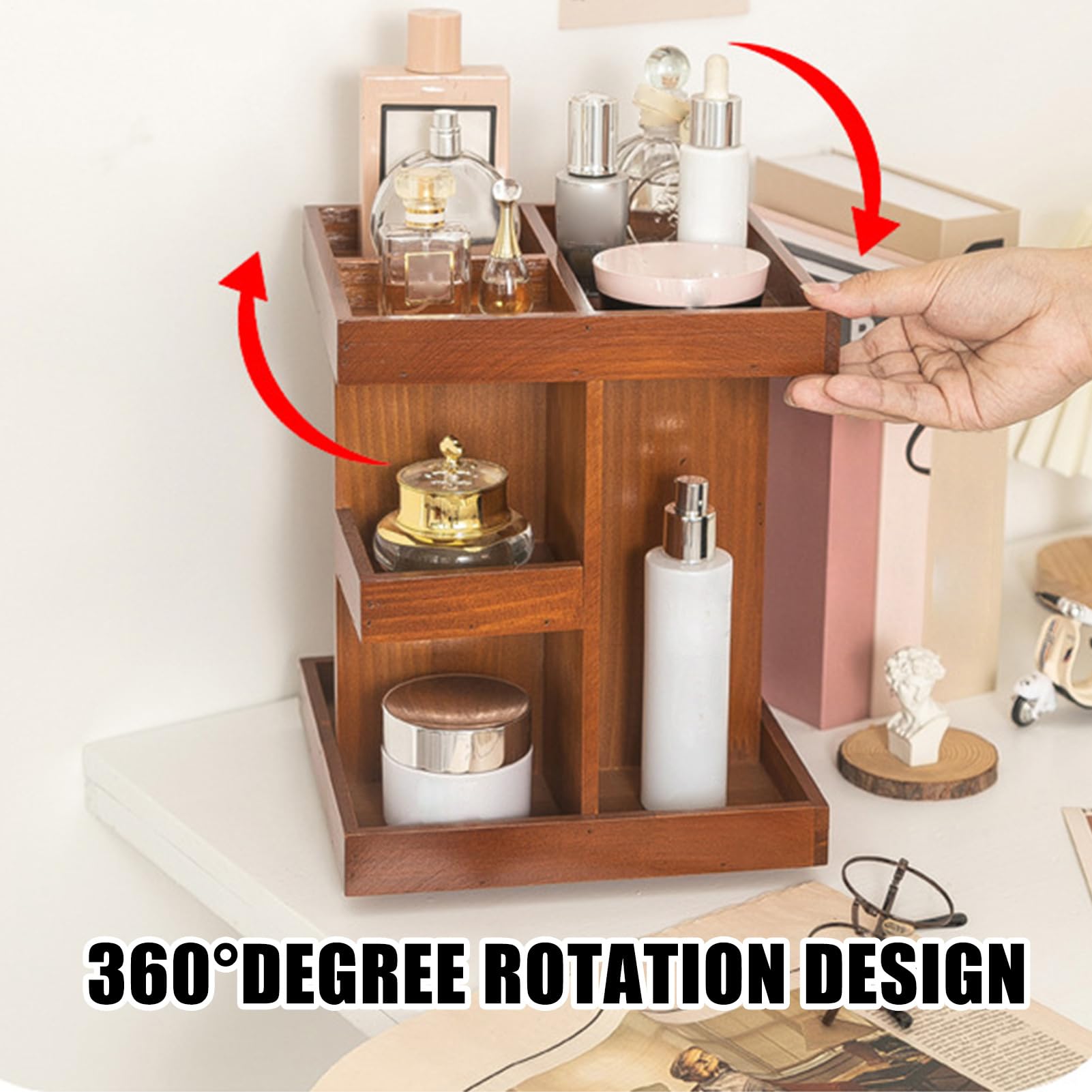 Organizer Trucco Girevole Espositore In Legno Stile Rustico | Organizer Trucco Girevole 360° Da Piano Profumi E Prodotti Da Toeletta Per Bagno Camera Armadio Toeletta E Piano Di Lavoro