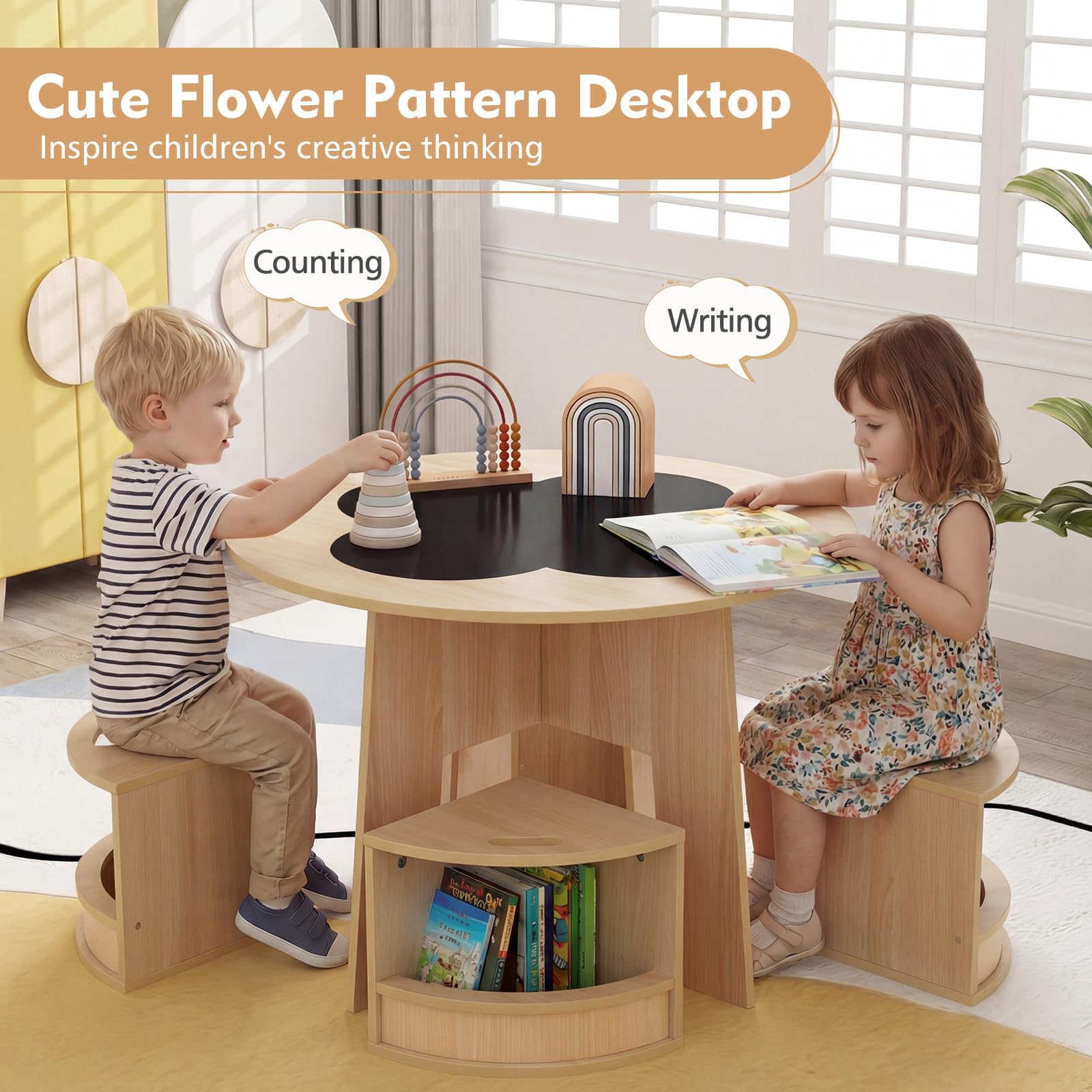 FANTASK 5-TLG. Kindertisch Stuhl Set Rund, Holztisch mit 4 Stauraumhockern, Maltisch für Kinderzimmer, Sitzgruppe ab 3 Jahren (Natur)
