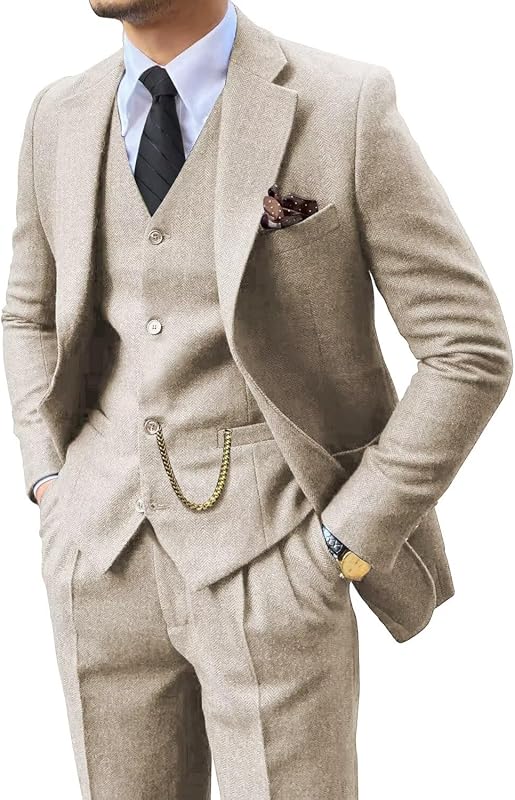 Retro 3 Piece Suit Tweed Herringbone Men's Suits Slim Fit Jacket Vest Pant | Tweed Wool Blend Retro 3 Piece Suit Herringbone Men's Suits Vintage Wedding Groom Tux Set Dress Prom Single Breasted Jacket