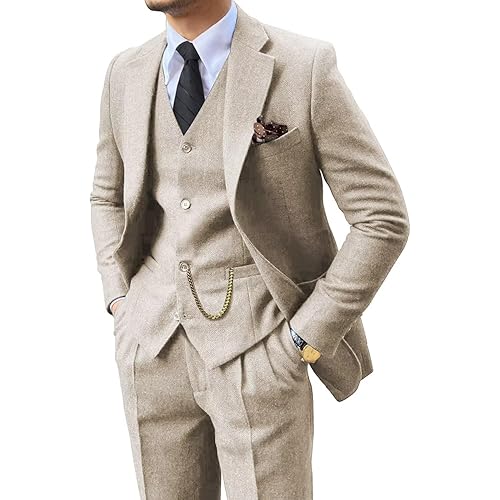 Retro 3 Piece Suit Tweed Herringbone Men's Suits Slim Fit Groom Tuxedos Set Prom Brown Grey Jacket Blazer Vest Pants