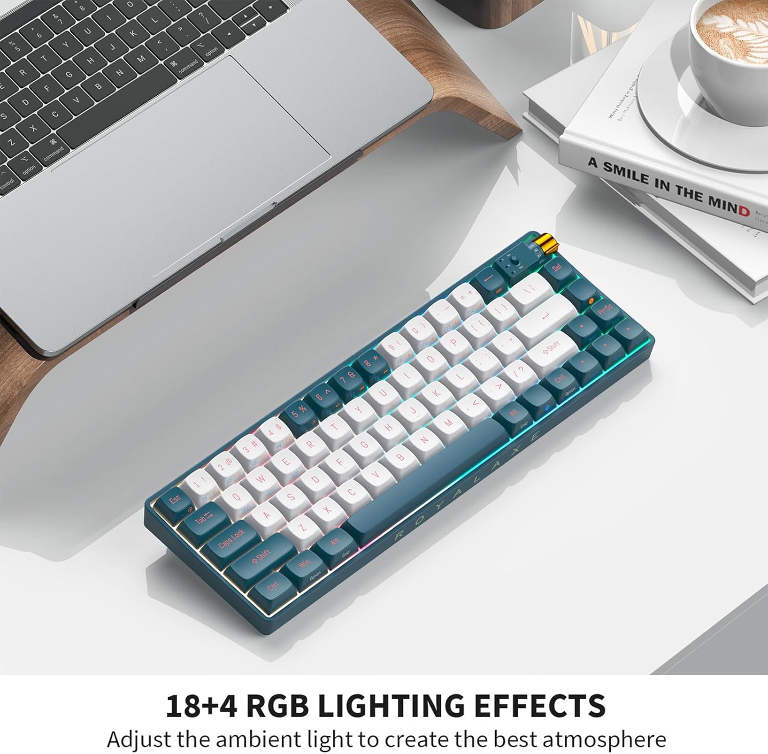 ROYALAXE R68 keyboard displaying vibrant RGB lighting effects