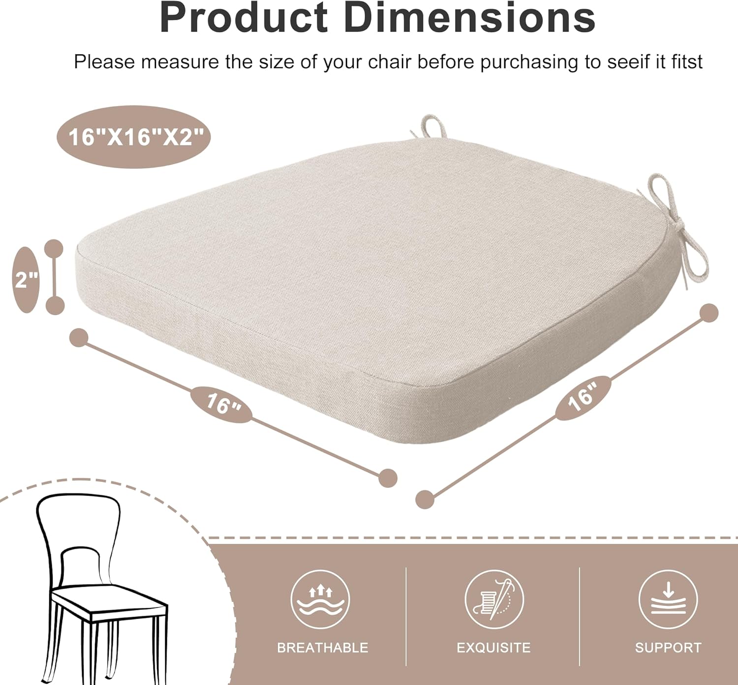 Beige Dining Chair Cushions with Ties, Waterproof Outdoor Seat Pads with Non-Slip Backing, Machine Washable Removable Cover, 16"x16"x2", Set of 2