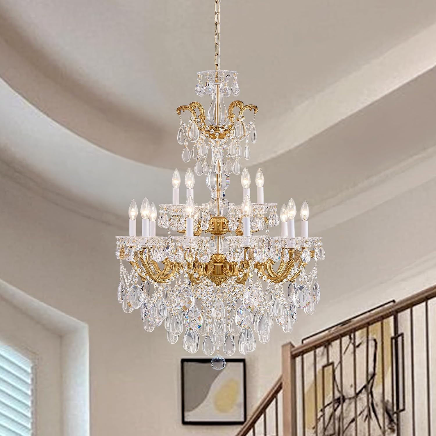 GANSUNBAN 15 Lights Crystal Chandeliers for Dining Room Brass Chandeliers Pendant Light Fixture Living Room Bedroom Entryway Kitchen