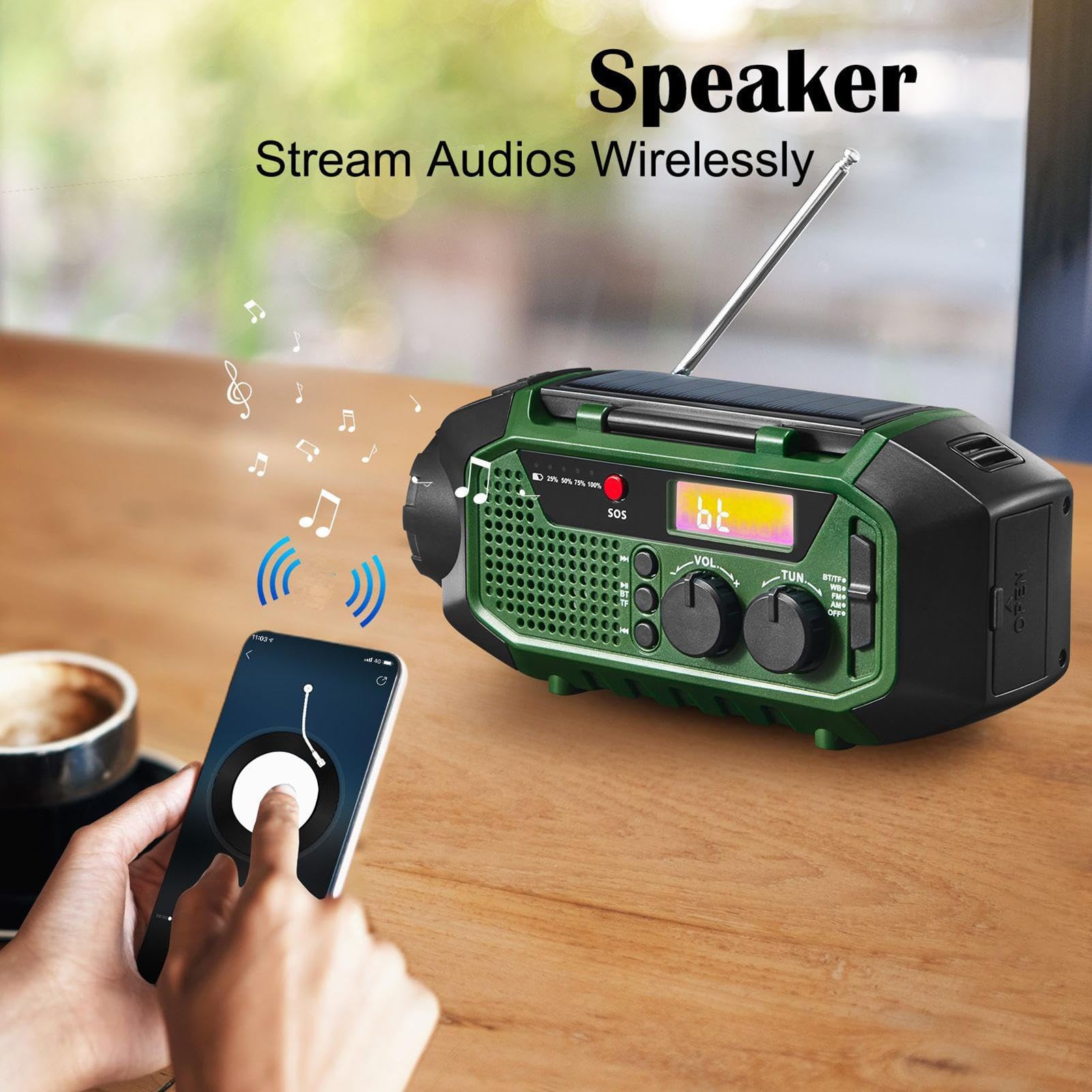 Radio Solar con Carga Solar Radio Meteorológico De Emergencia con Manivela | Altavoz Inalámbrico Para Camping, Senderismo, Viajes Y Hogar Para Jóvenes Y Personas Mayores