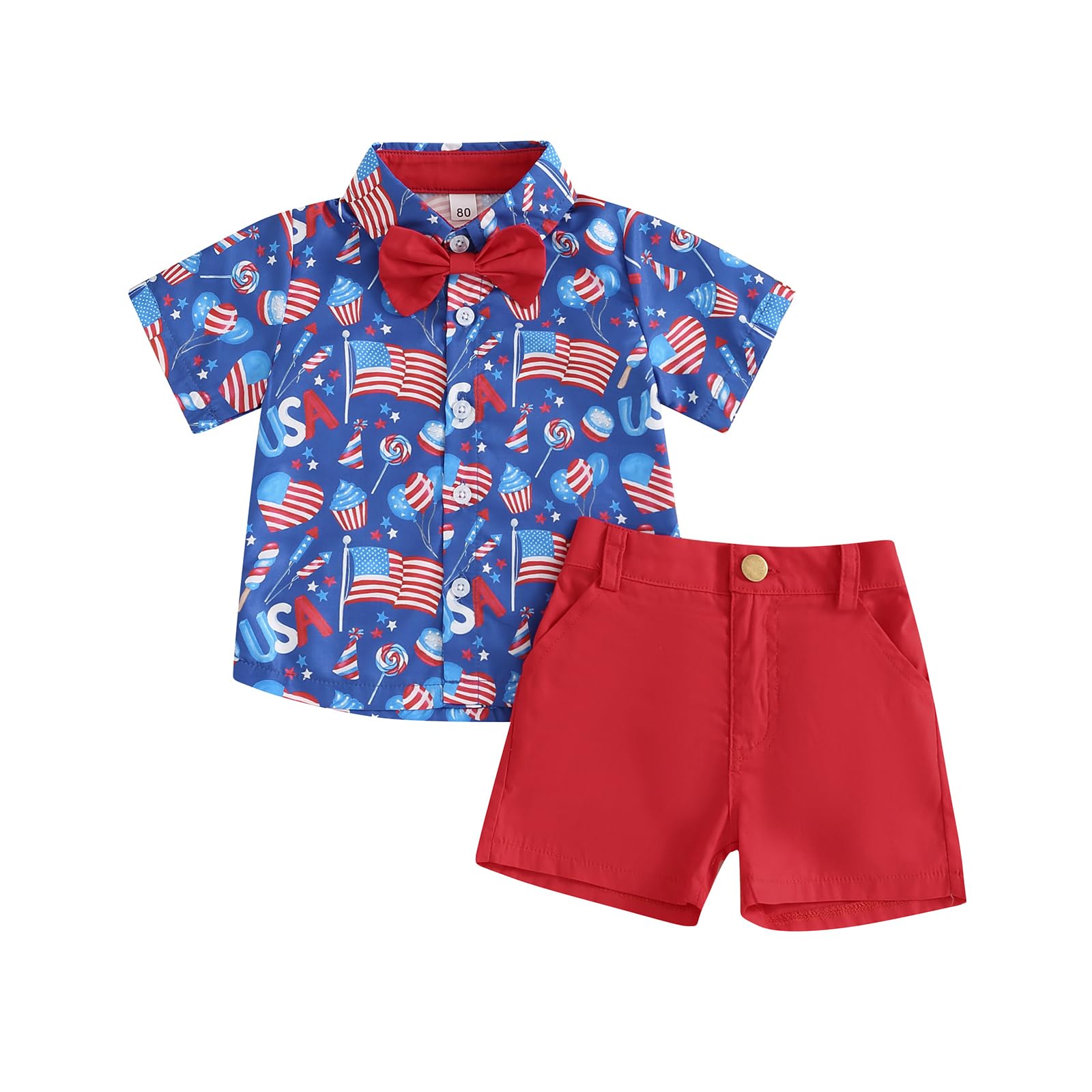 KtwHarnu Toddler Baby Boy 4th Of July Outfit US Flag Print Short Sleeve Button Down Shirt and Shorts Set Patriotic Clothes (Red, 3-4T)