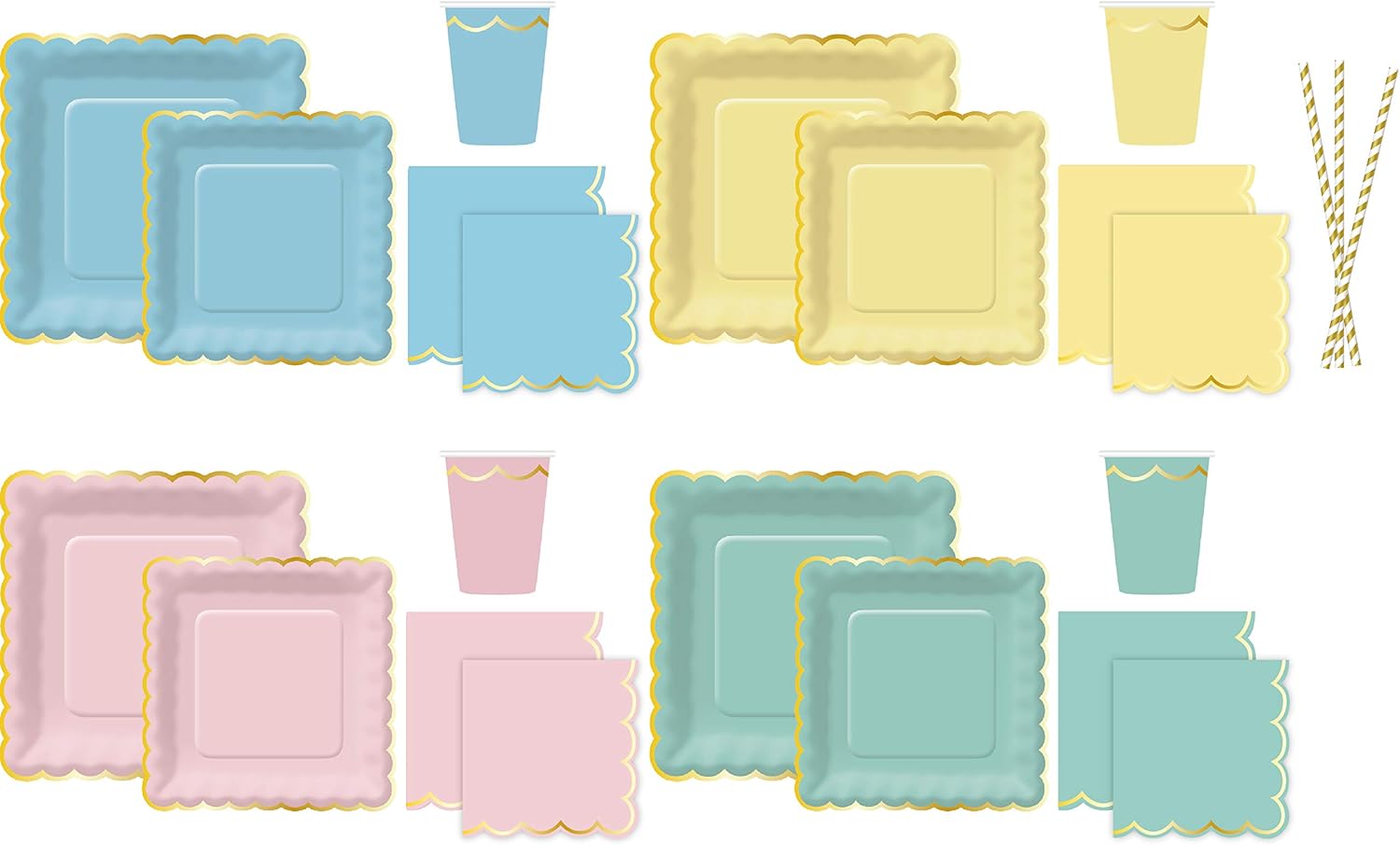 Oojami Scalloped Pastel Party Supplies Set for 24 – Disposable Plates, Cups & Napkins, 10" Dinner Plates, 7" Dessert Plates, 12 oz Cups – Elegant Tableware for Birthday, Baby Shower, Easter, Tea Party