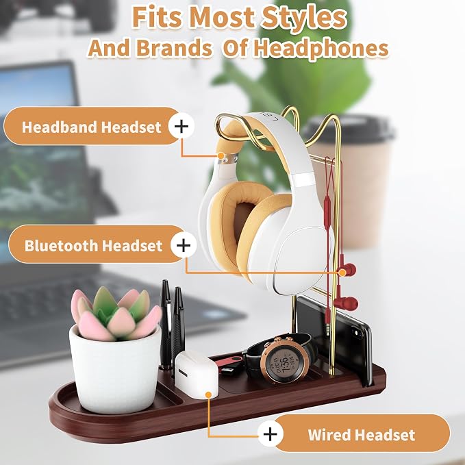 Soporte de madera para auriculares, dorado miniatura 2