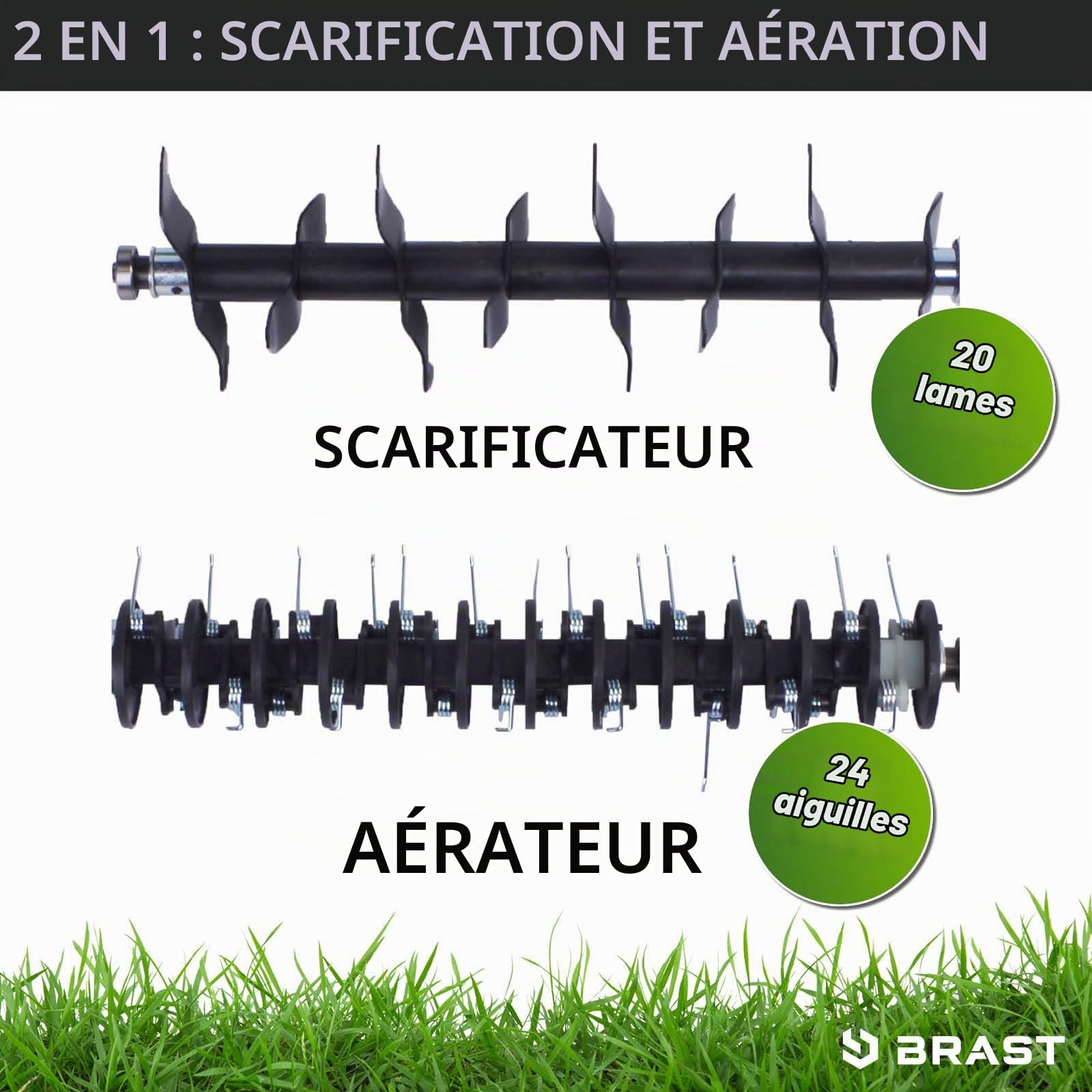 BRAST scarificateur électrique - 1800W largeur de travail 40cm, 2en1 rouleau scarificateur et aérateur, bac 55l - 3 MODÈLES diff. puissances - confortable à manier - scarificateur gazon électrique