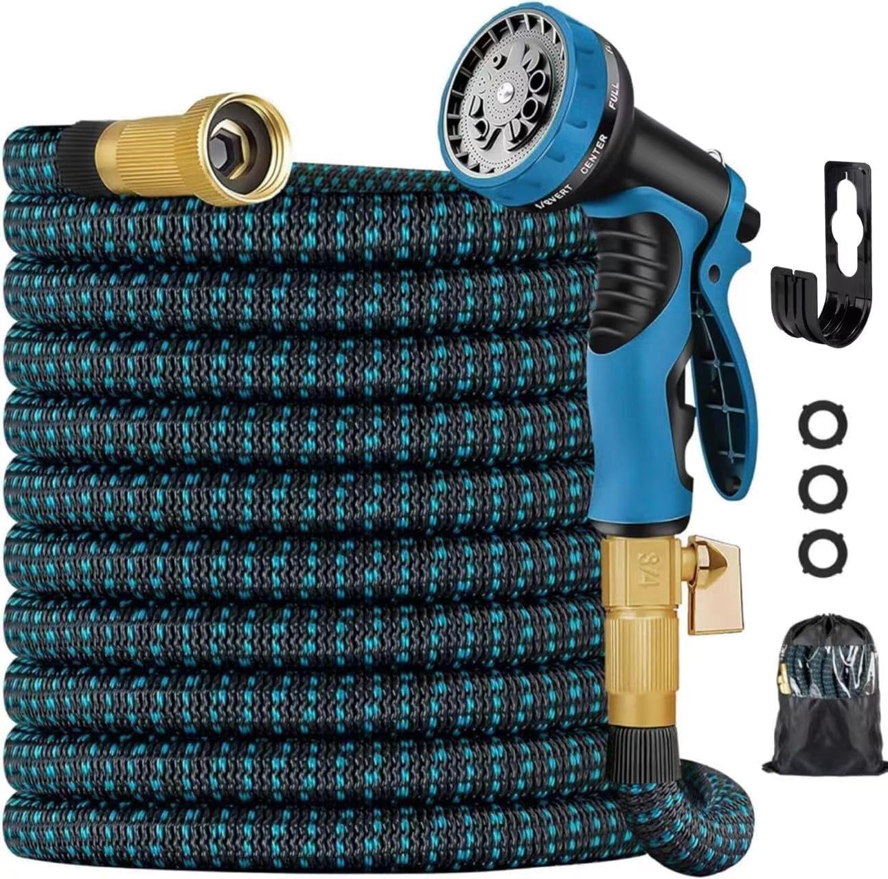 100 ft Expandable Garden Hose - Kink Free Flexible Water Hose 100ft with 10 Pattern Spray Nozzle, 3/4 Solid Brass Connectors, Retractable Latex Core - Lightweight Expanding Hose
