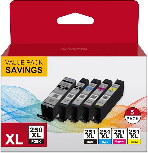 Empowering Solutions Wiseta PGI-250XL CLI-251XL IP8720 IX6820 Replacement for Canon Printer Ink 250 251 250XL 251XL Work with Pixma IP8720 IX6820 MX922 MX920 MG5220 MG7520 MG7120 (Printer Ink 250…