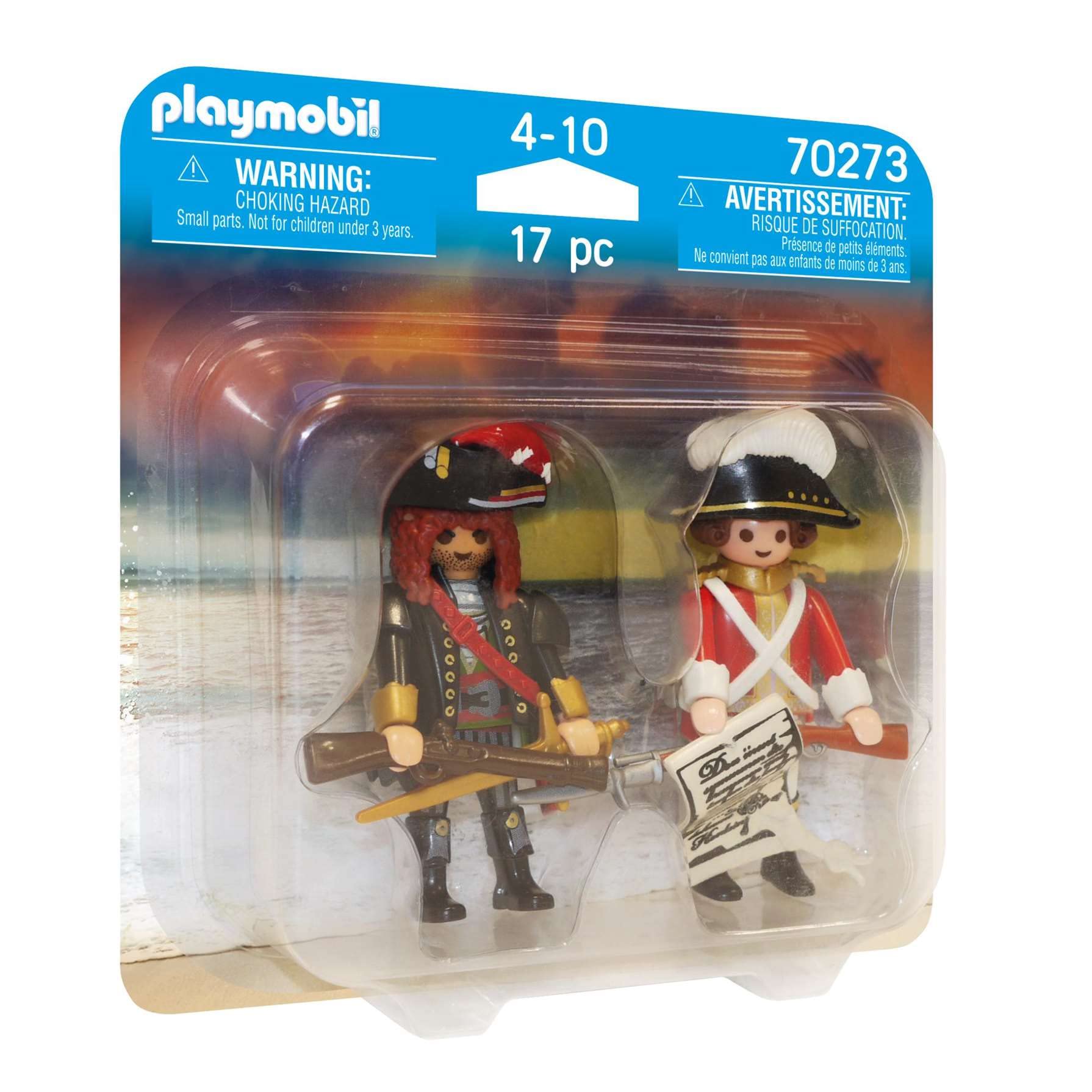 Playmobil Pirate and Redcoat figures engaged in a sword fight on a beach background.