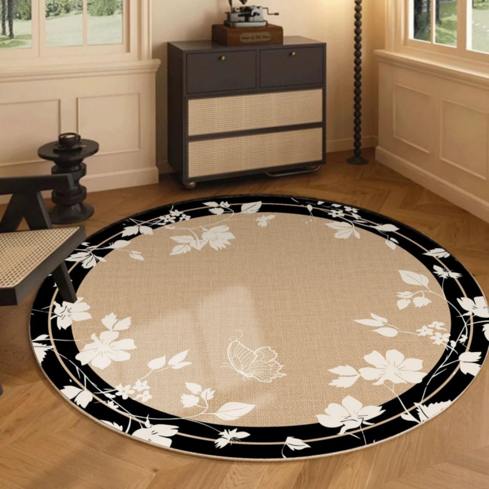 Teppich Rund 140 cm Durchmesser Beige Weiß Weich rutschfest Teppich