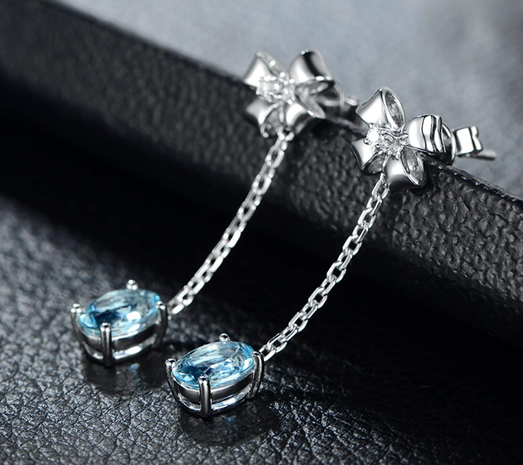 Aquamarin-Tropfenohrringe für Damen, baumelnde Ohrringe für Damen, Diamant-18-Karat-Schleife mit Kette und ovale Aquamarin-Ohrringe von 1,65 ct