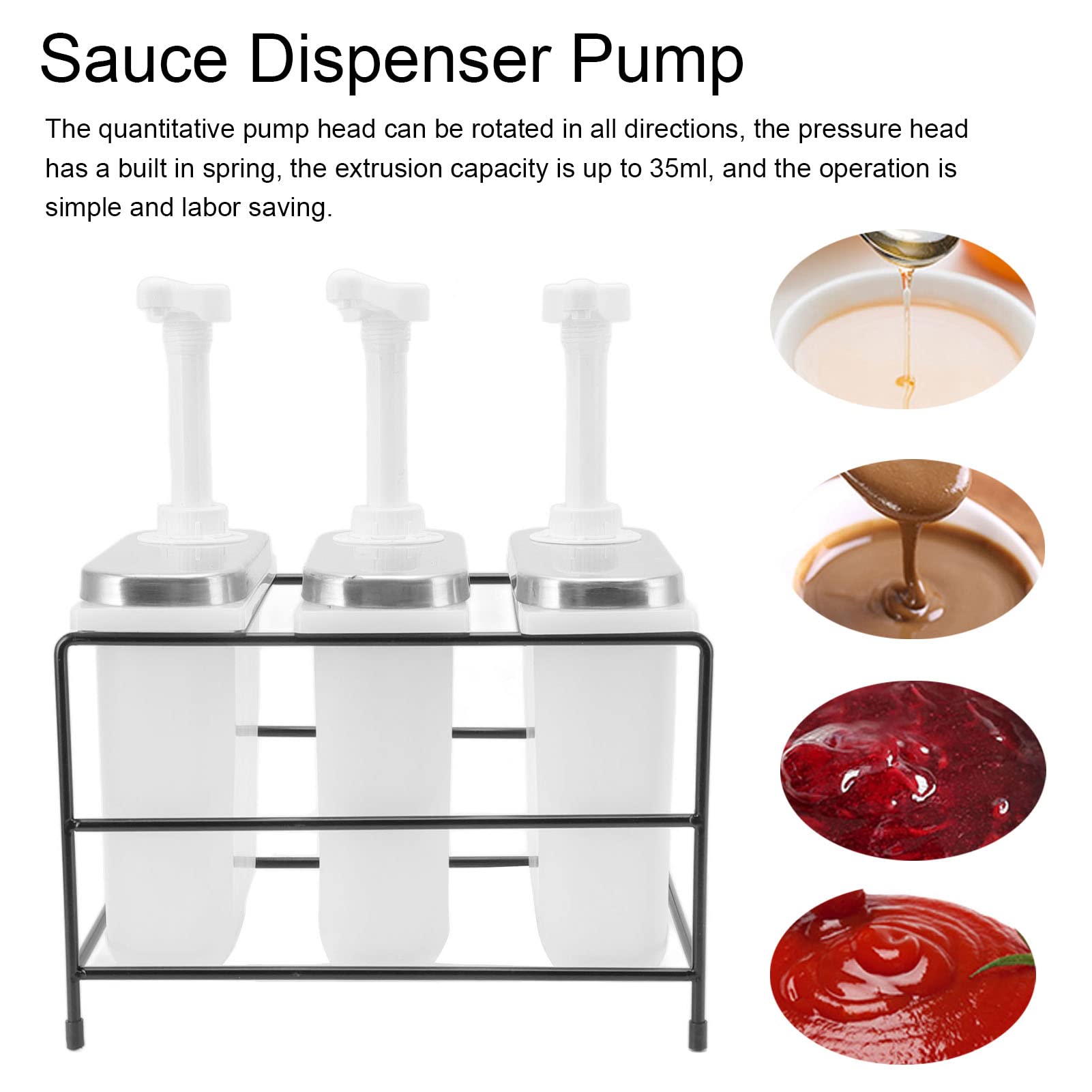 Zerodis Gewürz-Pumpspender, Sirup-Pumpspender aus Edelstahl und Kunststoff mit 3 Saucenpumpen, 35-ml-Handpress-Design, Abnehmbarer Tank für Sojasauce, Öl, Ketchup, Salatdressing (1L