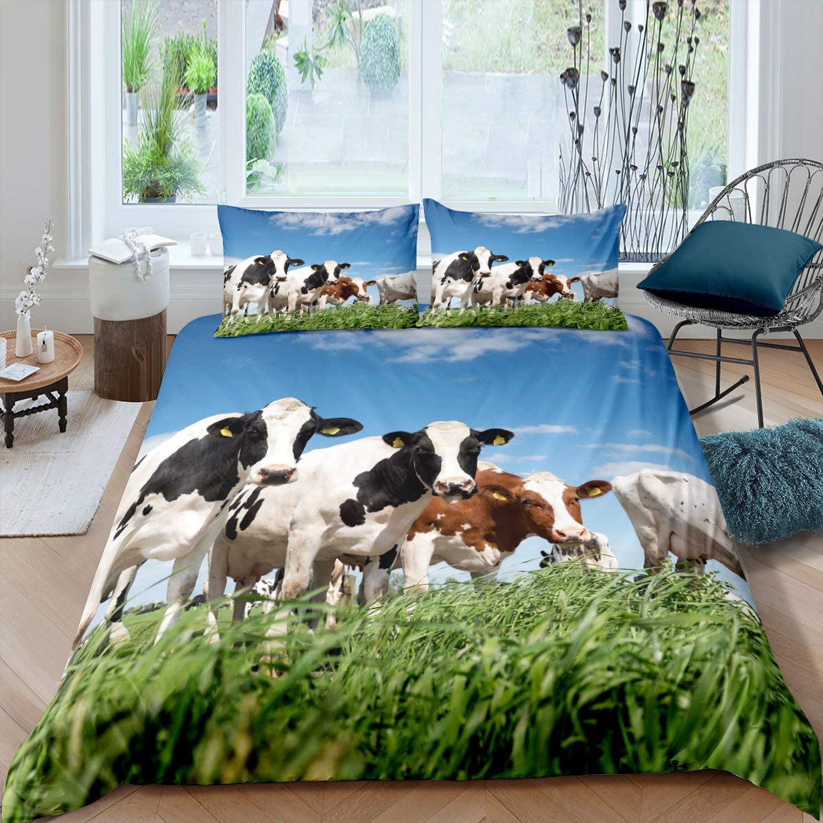 Cow Print Duvet Cover Set Single Size For Kid Teen Animal Cow Pattern Bedding Set 3D Farm Animals Decorative 2 Piece Bedding Set With 1 Pillow Shams Black White Brown Blue — image 1
