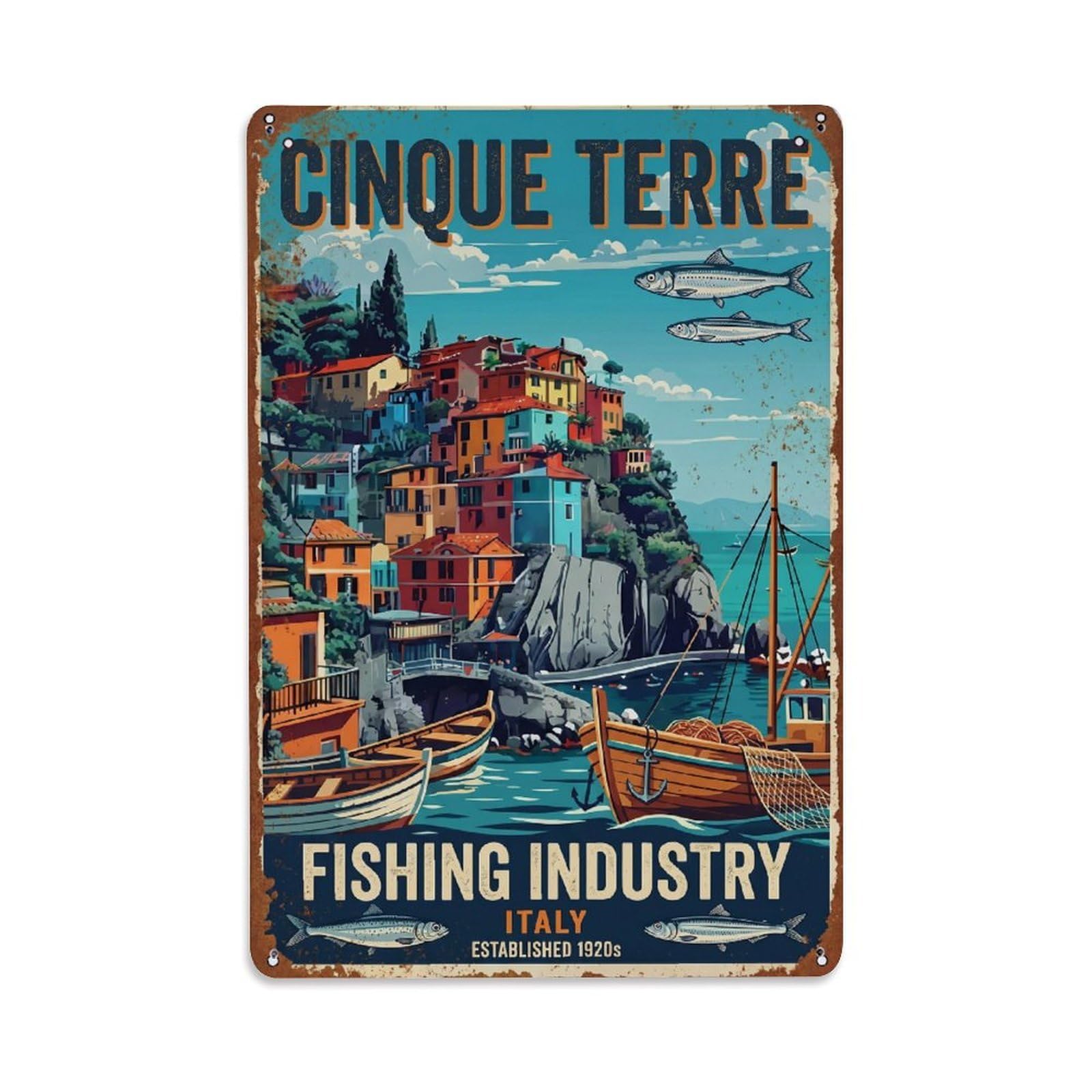 Yrnq 08X12inch Vintage Style Vintage Travel Cinque Terre Italy Fishing Metal Tin Sign