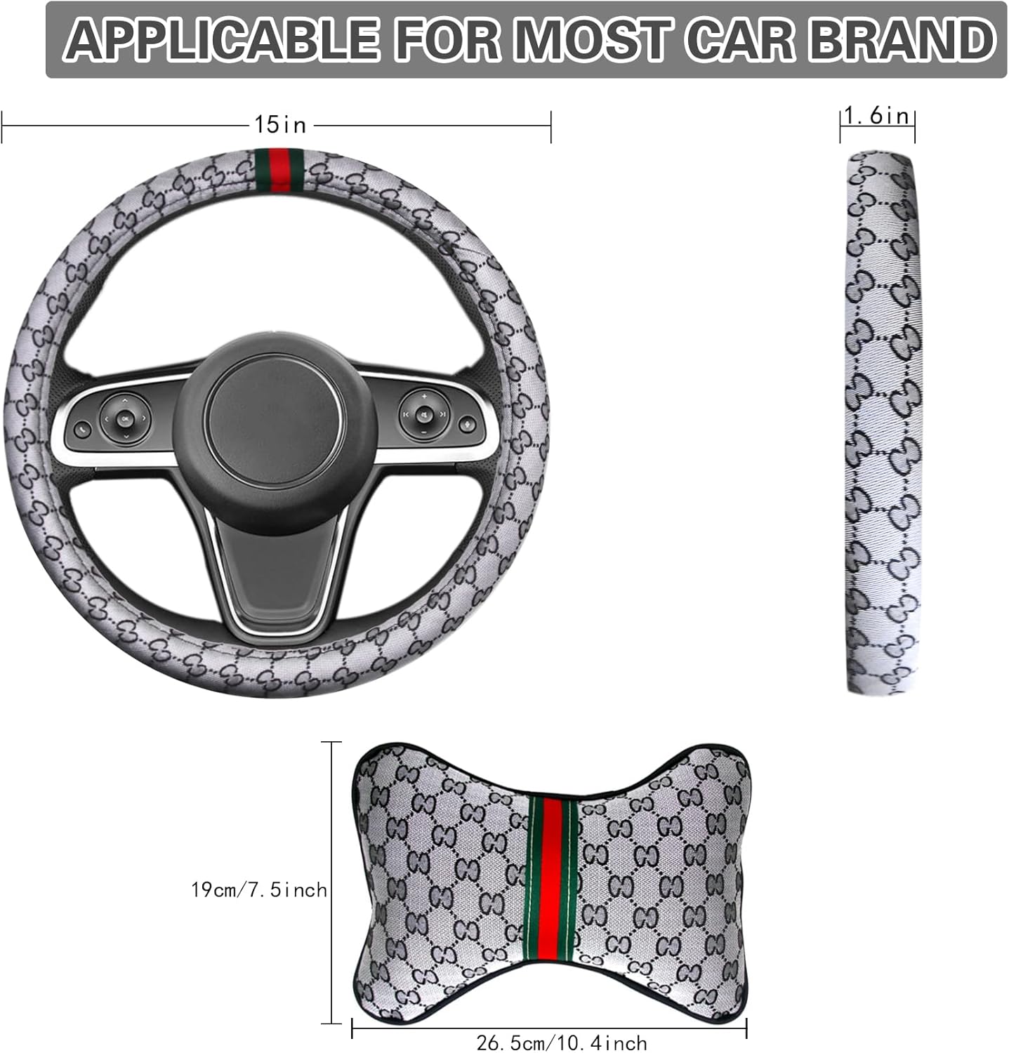 5PCS Steering Wheel Cover, with 2 Headrests, 2 Seat Belt Covers - Universal Fit for 14.5-15" Steering Wheel, Enhances Driving Experience - Perfect for Women (Gray)