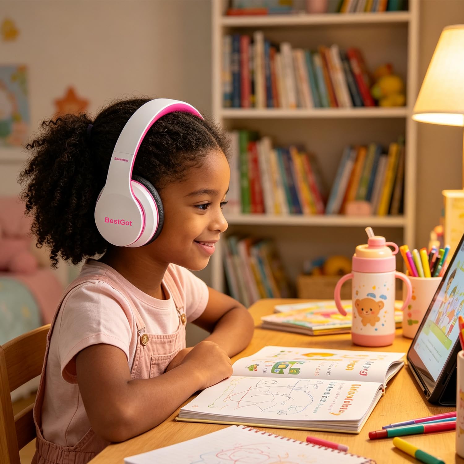 BT6002 - Auriculares inalámbricos Bluetooth para niños, volumen limitado, 85/110 dB, para escuela, plegables, para 60 horas, PC, teléfono, tabletas, TV (blanco/rosa)