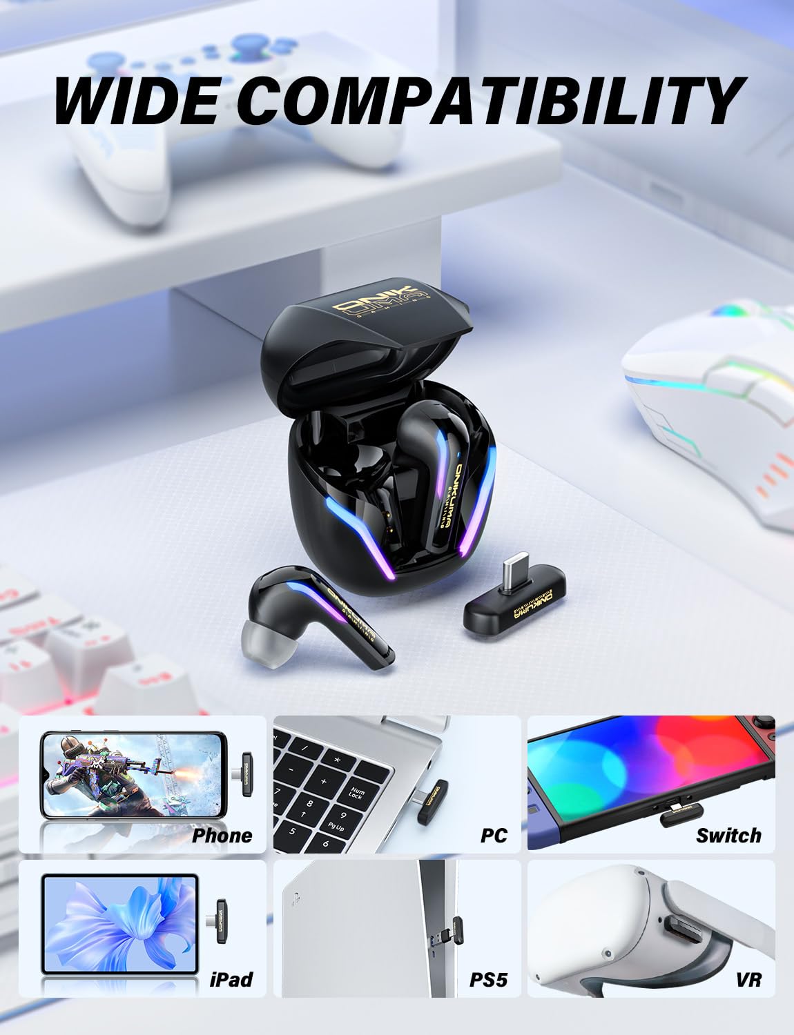 Auricolari wireless da gioco 2.4G con microfono ENC, bassa latenza da 20 ms per PS5/4, Meta Quest 3/3S/2, cuffie Bluetooth dual-mode da 2,4 GHz per telefono, pad, laptop, Steam Deck, PC, VR (con