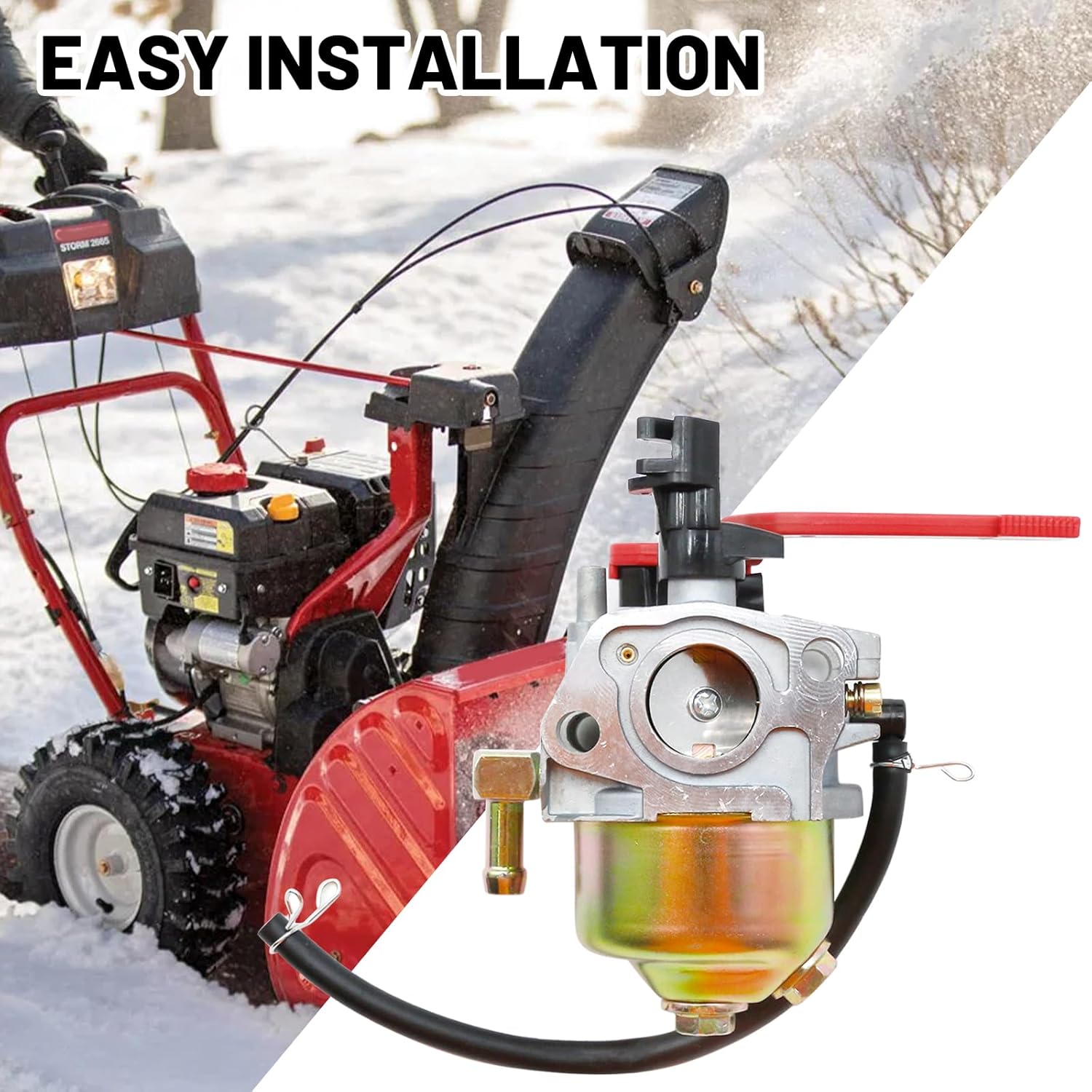 Image showing the carburetor kit next to a Troy Bilt Squall 2100 snow blower in a snowy environment, illustrating easy installation.