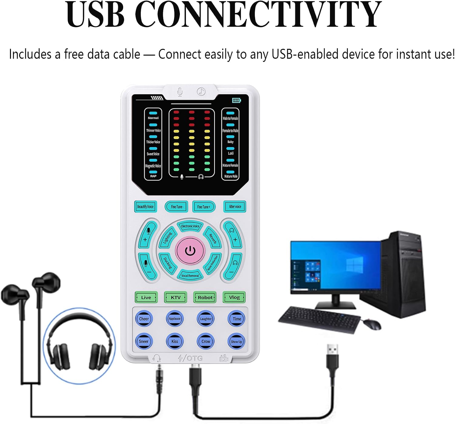 Voice Changer Kit with Mini Mic, Adapter, 6 Modes, 10 Pitch Levels | Ready-to-use kit with mini mic, adapter, 6 voice modes, pitch control, and support for PC, consoles, and phones.