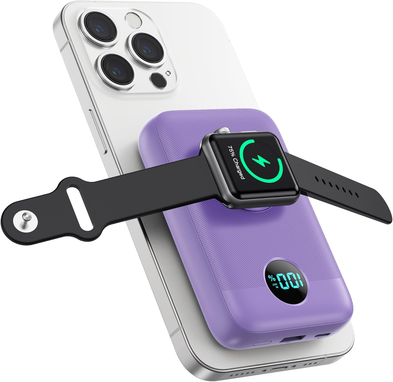 Pxwaxpy Magnetic Portable Charger 10800mAh,4-in-1 Power Bank with iWatch Charger, 25W PD Fast Charging USB C Battery Pack for Magsafe,iPhone 17/16/15/14/13/12 Series,Apple Watch (Purple)