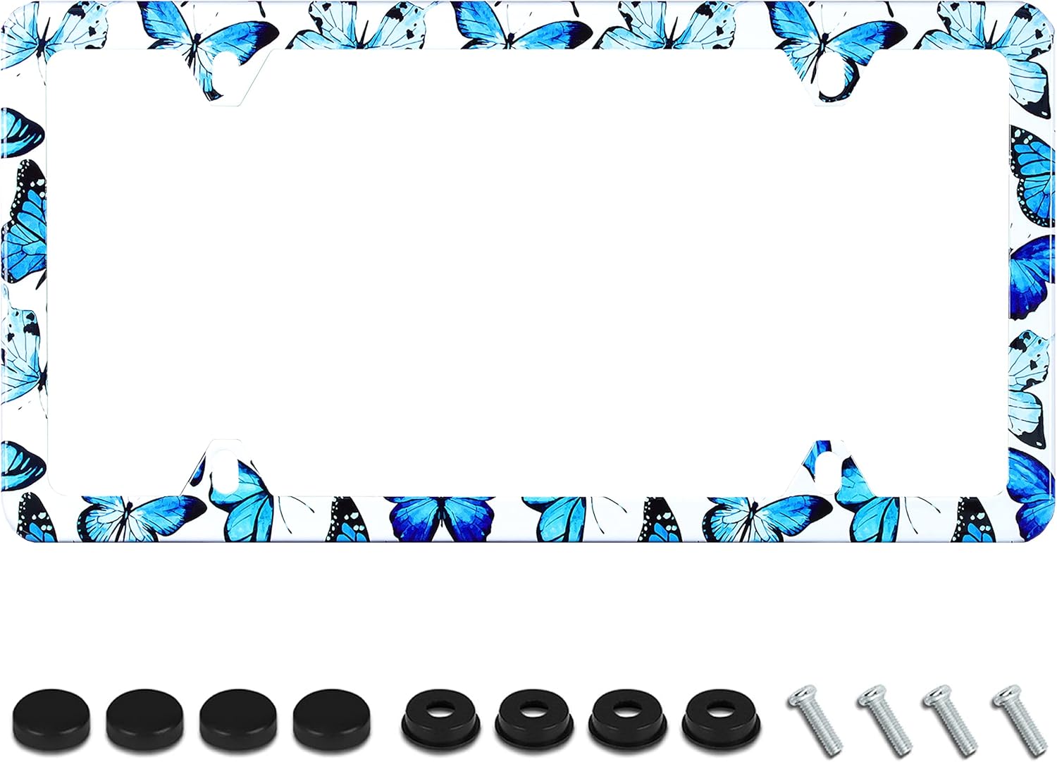 Butterfly License Plate Frame Blue Butterfly Print License Plate Holder Stainless Steel Auto Parts Decoration with Screws for Men Women License Plate 4 Holes 1pcs