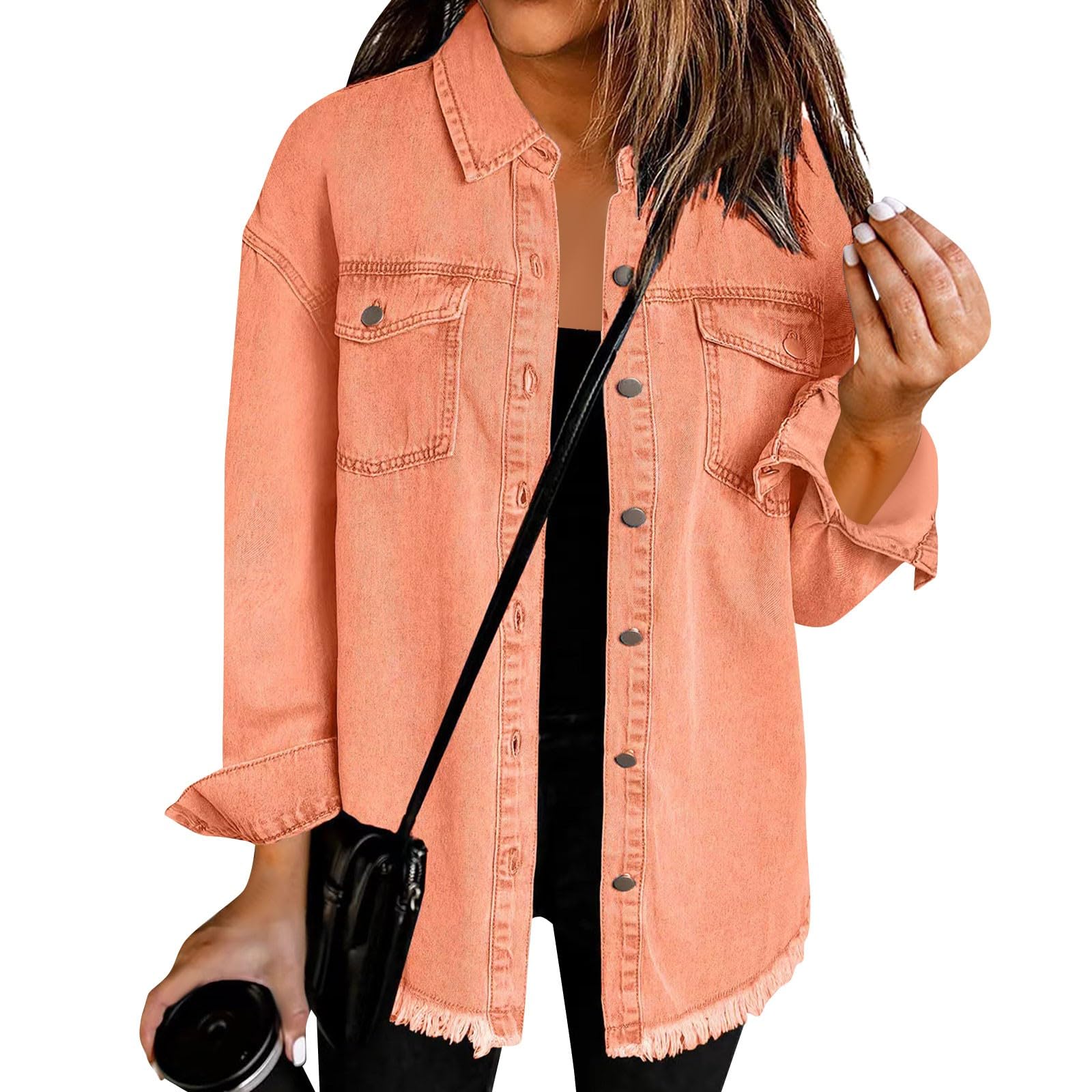 Jeansjacke Damen Oversize Übergangsjacke Casual Button Down Jeanshemd