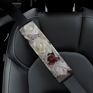 2PCS Car Seat Belt Pads Universal Auto Seatbelt Shoulder Pad White Silk Rose Wedding Flowers Seat Belt Cover Comfortable Driving Shoulder Strap Covers Harness Pad for Car Interior Accessories