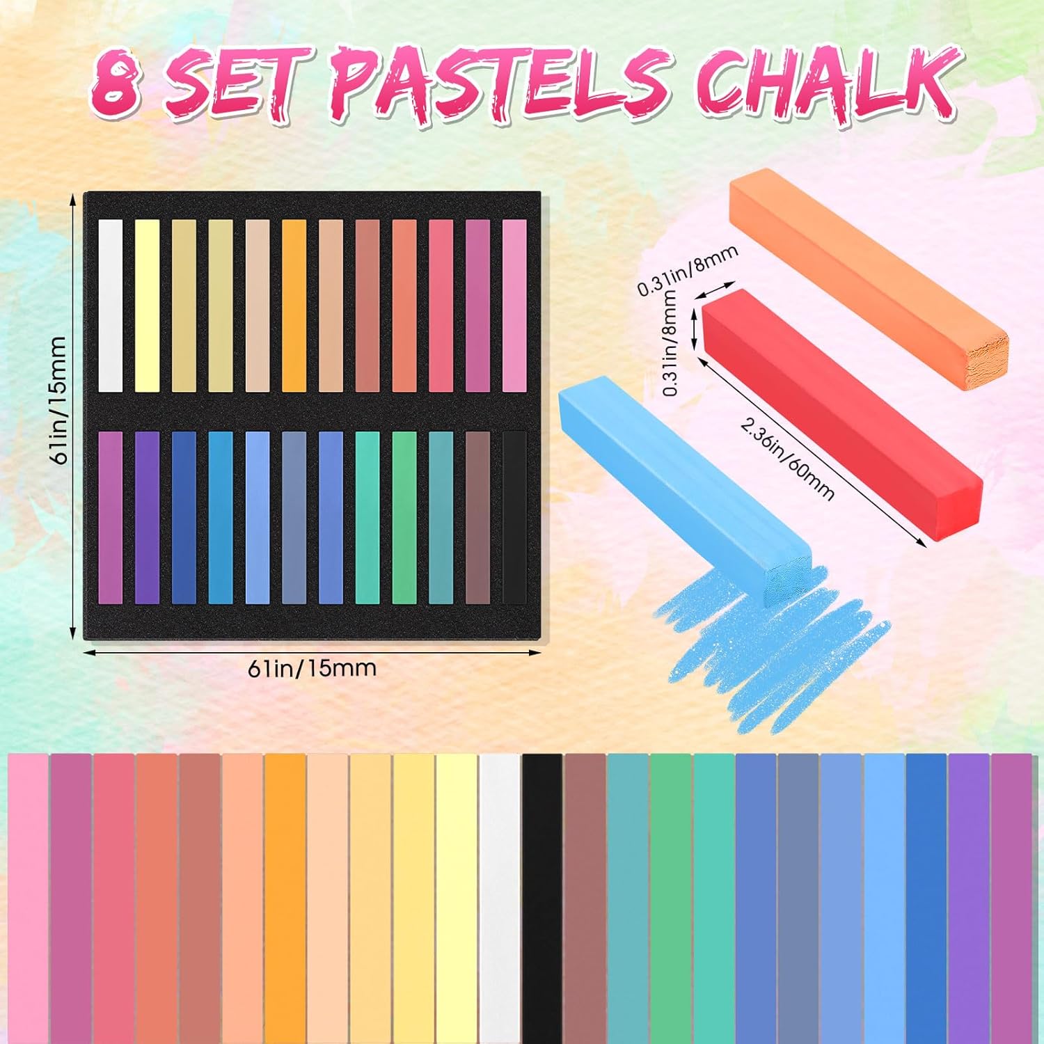 Watersay 192 Pcs Soft Pastels for Artists Color Pastels Set Square Chalk Sticks 8 Boxes 24 Assorted Colors Art Drawing Painting Supplies for Parties, Donations, 60 mm