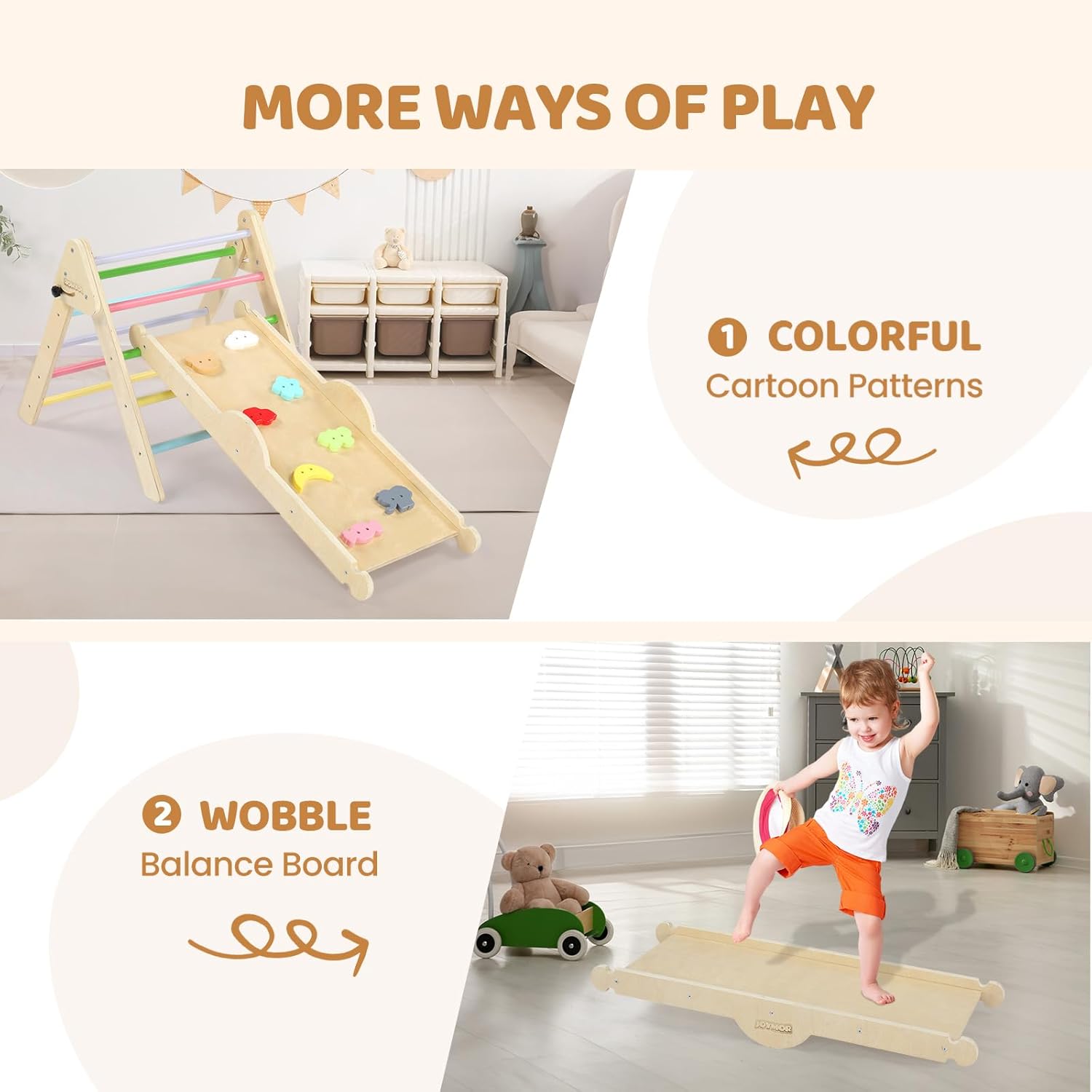JOYMOR 9-in-1 Pikler Triangle Set with Cushion (Large), Montessori Wooden Climbing Set for Toddlers with Colorful-Patterns Rocks, Seesaw, Arch, Foldable Ladder, Ramp, Toddler Climbing Toys Indoor