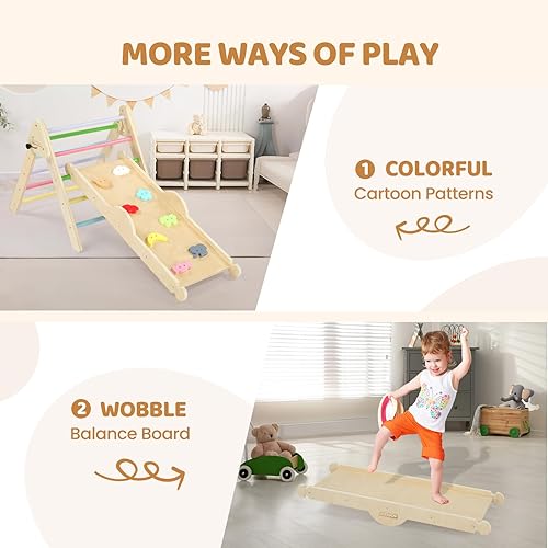 Miniatura 2 de JOYMOR Juego de triángulos Pikler 9 en 1 con cojín (grande), juego de escalada de madera Montessori para niños pequeños con patrones coloridos