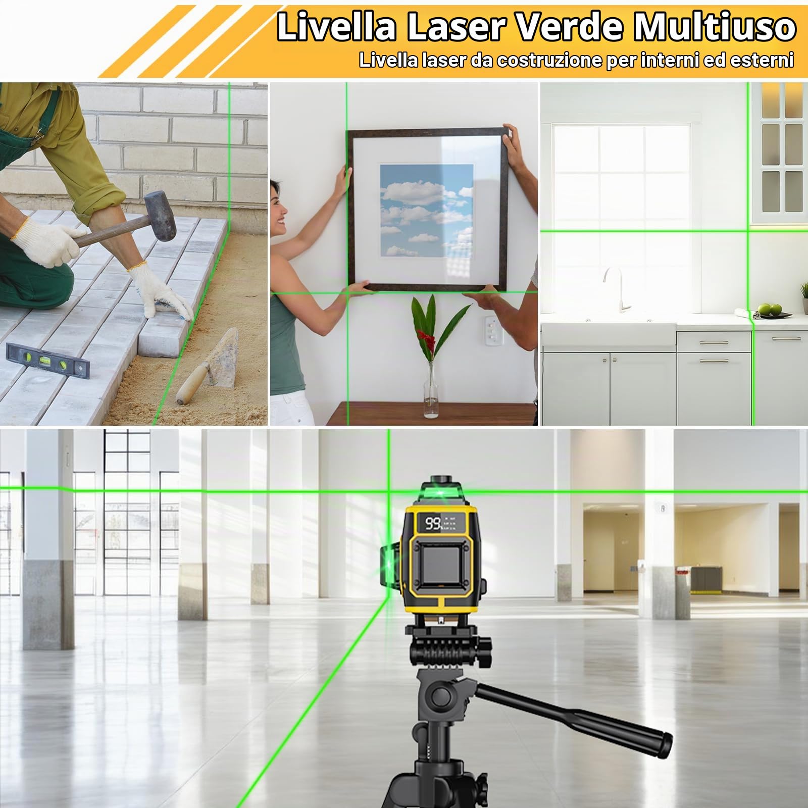 Livella Laser Autolivellante 16 Linee, 4 X 360 °Livello Laser Autolivellante Verde, laser verde display di potenza, 2 x Batterie, Autolivellante,Luminosità regolabile,Telecomando,Base Magnetica