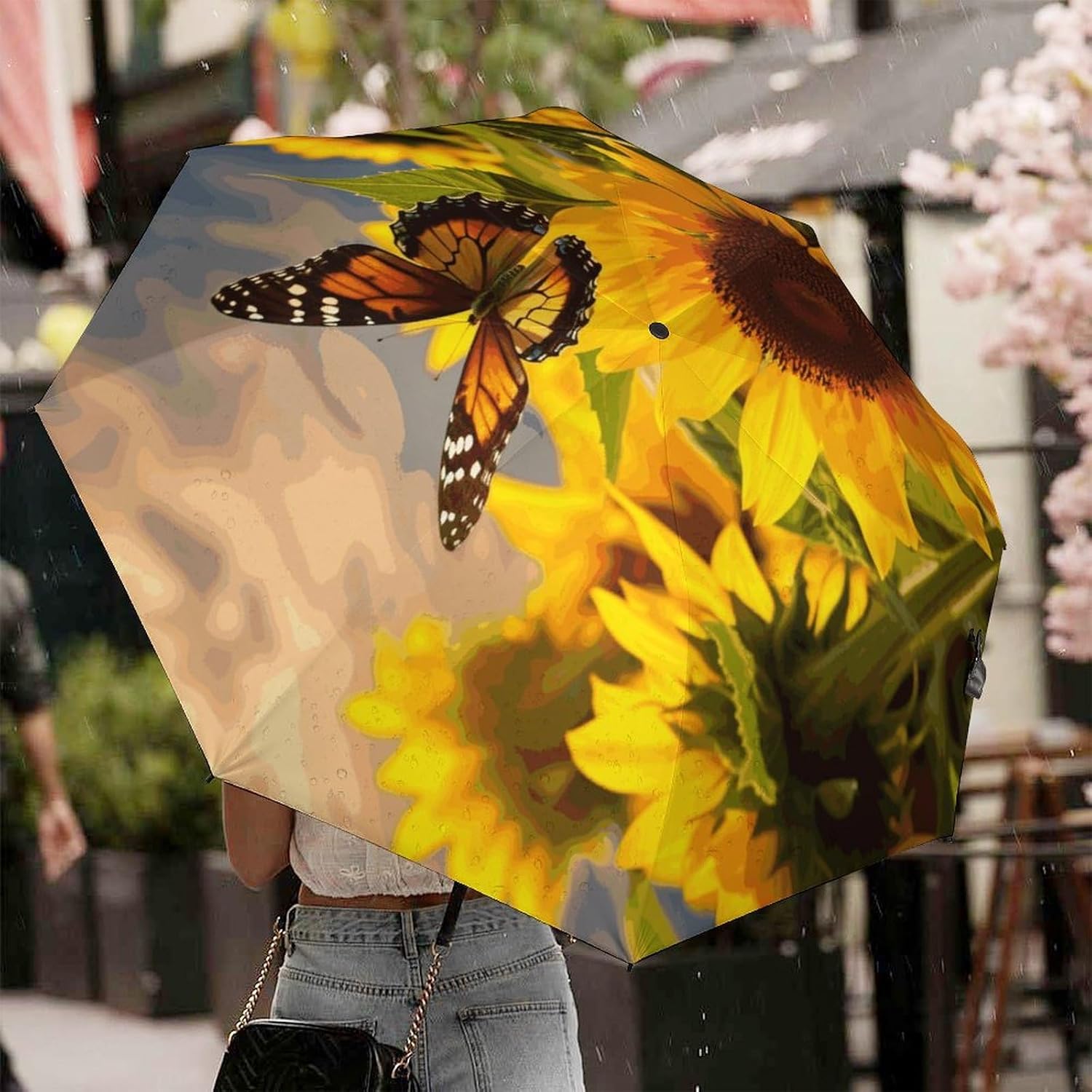 Sunflower Butterfly Umbrella Extra Large Folding, Travel Umbrella Windproof, Compact, Golf Umbrella With Unique Patterns, Fashionable And Beautiful for Men And Women.
