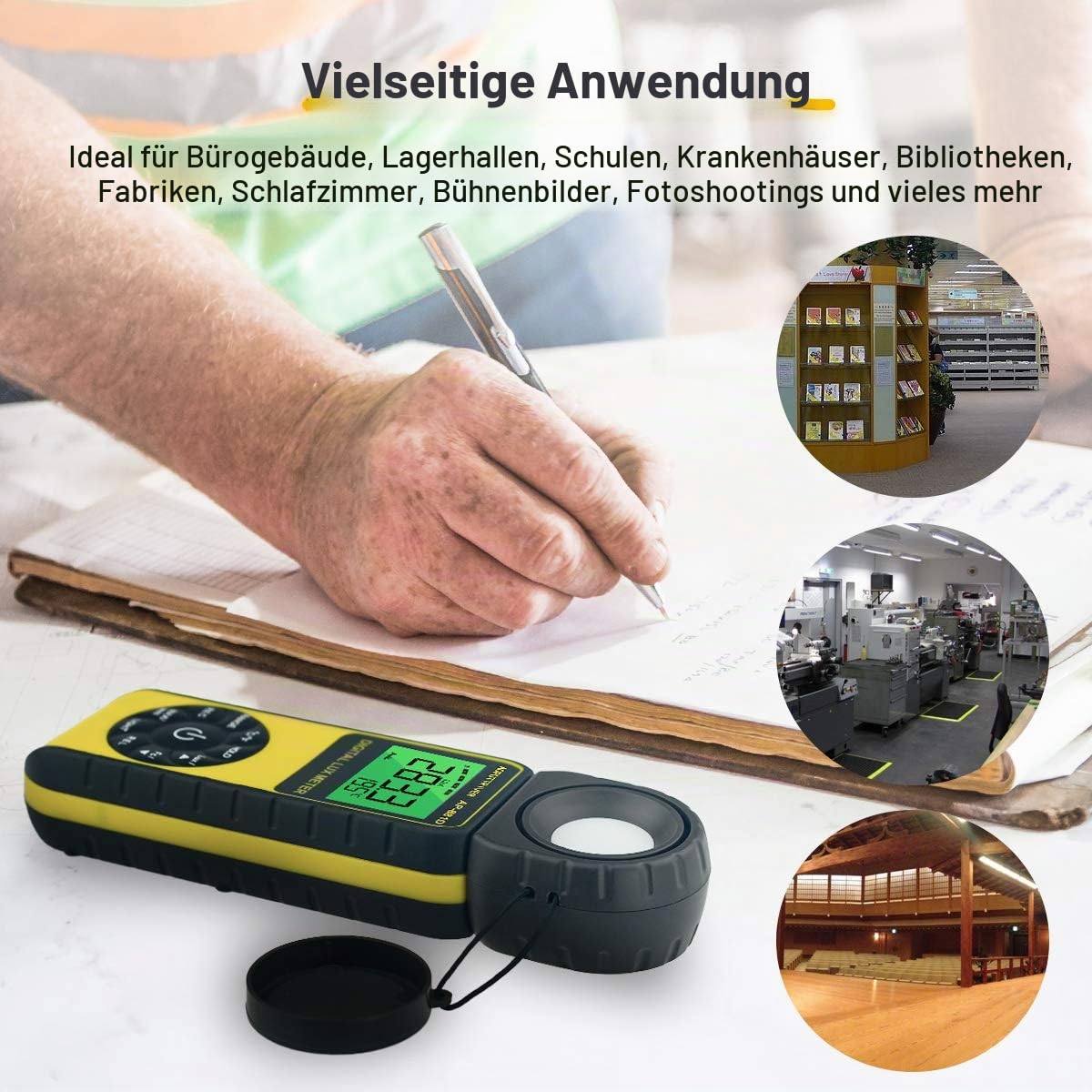 Digital Luxmeter, Belichtungsmesser, Tragbare Photometer AP-881D Lichtmesser mit Bereich bis zu 400,000 Lux mit um 270° drehbarem Detektor für LED-Licht und Zuchtpflanze(Gelb)