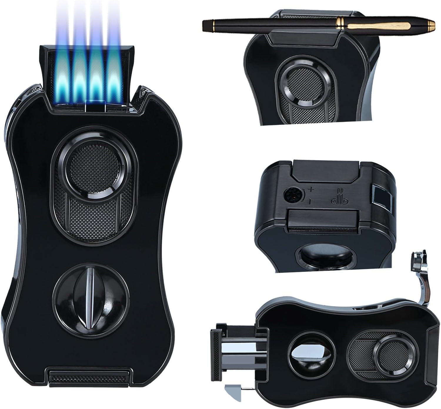 Large Lighter,Refillable Butane Torch Lighter with Built-in Holder and 4 Jet Flame - All-in-1 Tool lighters for Men（Without Butane）