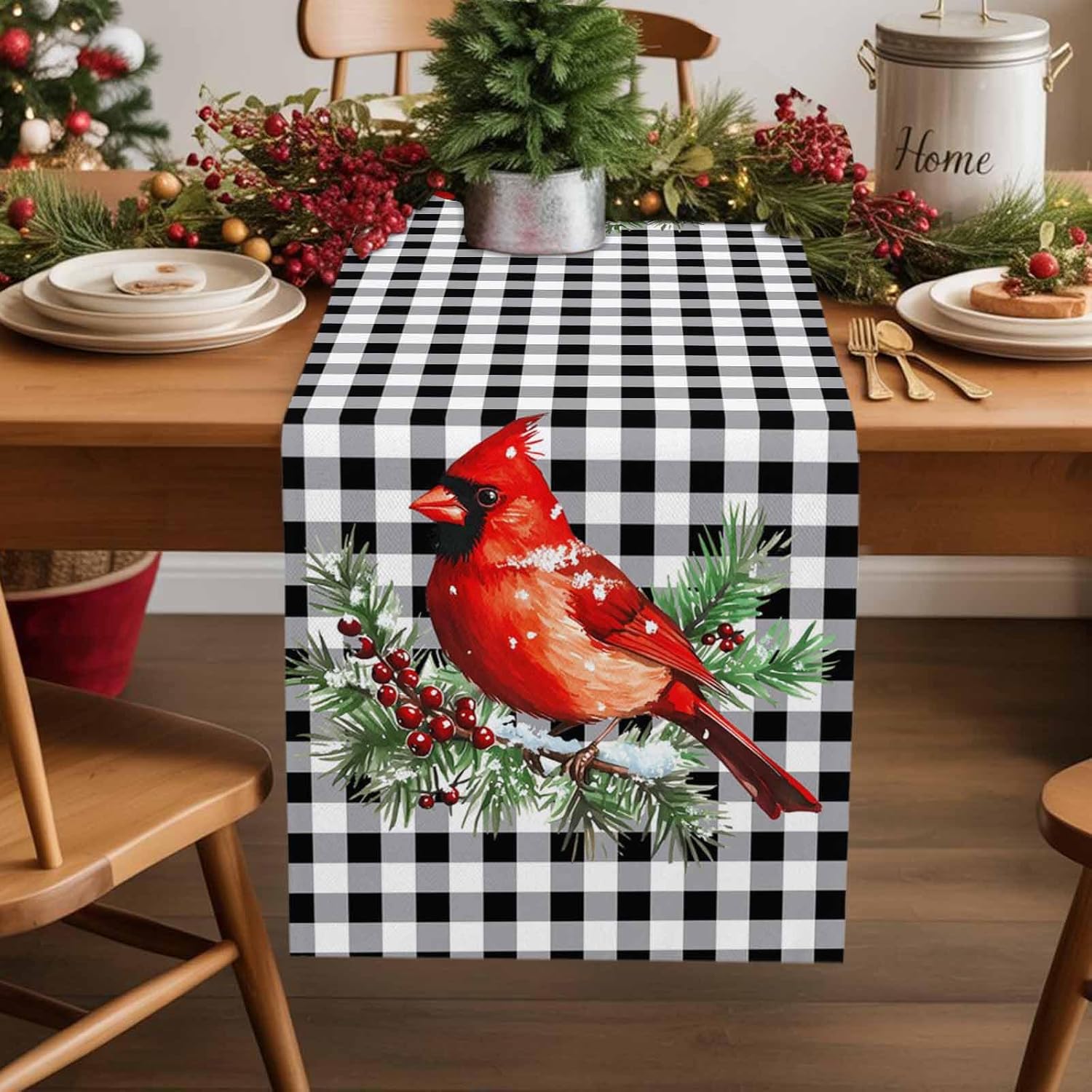 Christmas Table Runners Red Cardinals Table Runner Dresser Scarves Non-Slip Table Cloth Decorations for Holiday Dinner Parties White Black Buffalo Check Plaid Christmas Runner 13x120 inches