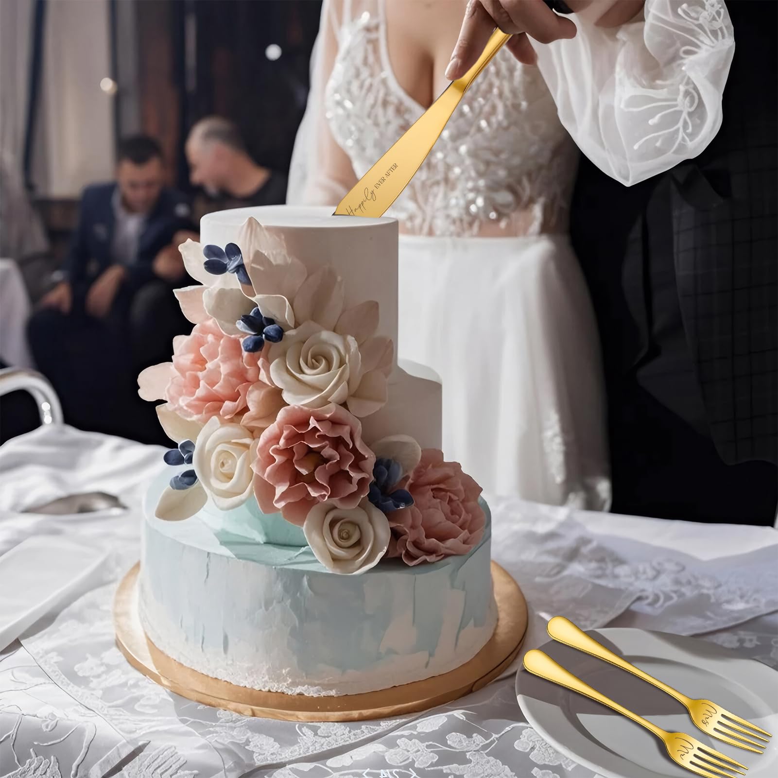Gold Wedding Cake Knife & Server Set - 4 Piece -5
