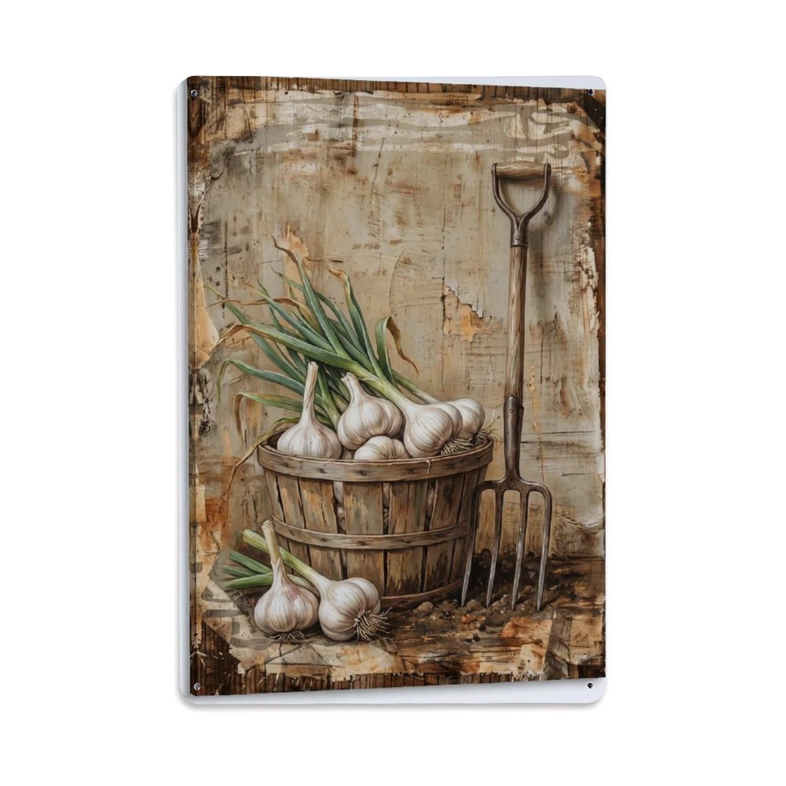 Garlic Garden White Bulb Vegetable Countryside Field Vintage Metal Tin Sign Plaque Wall Decor for Cafe, Club, Garden Metal Poster 8x12Inch