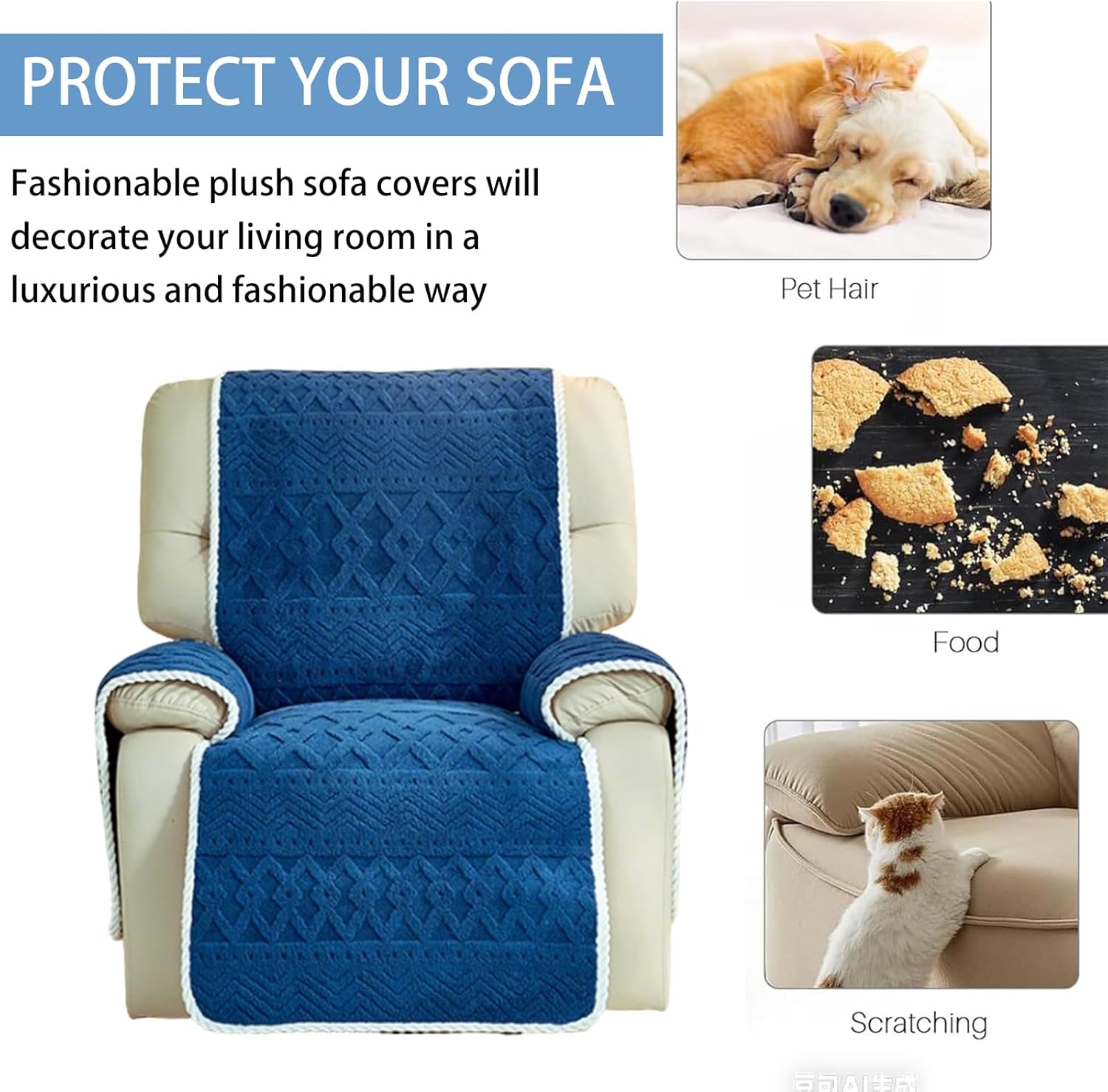 Cotton Fluff Recliner Chair Covers, Recliner Slipcover Armrest Cover with Pockets Non Slip Reclining Couch Cover Soft Comfort Washable Sofa Recliner Cover ,Furniture Protector for Kids, Pets (Blue)