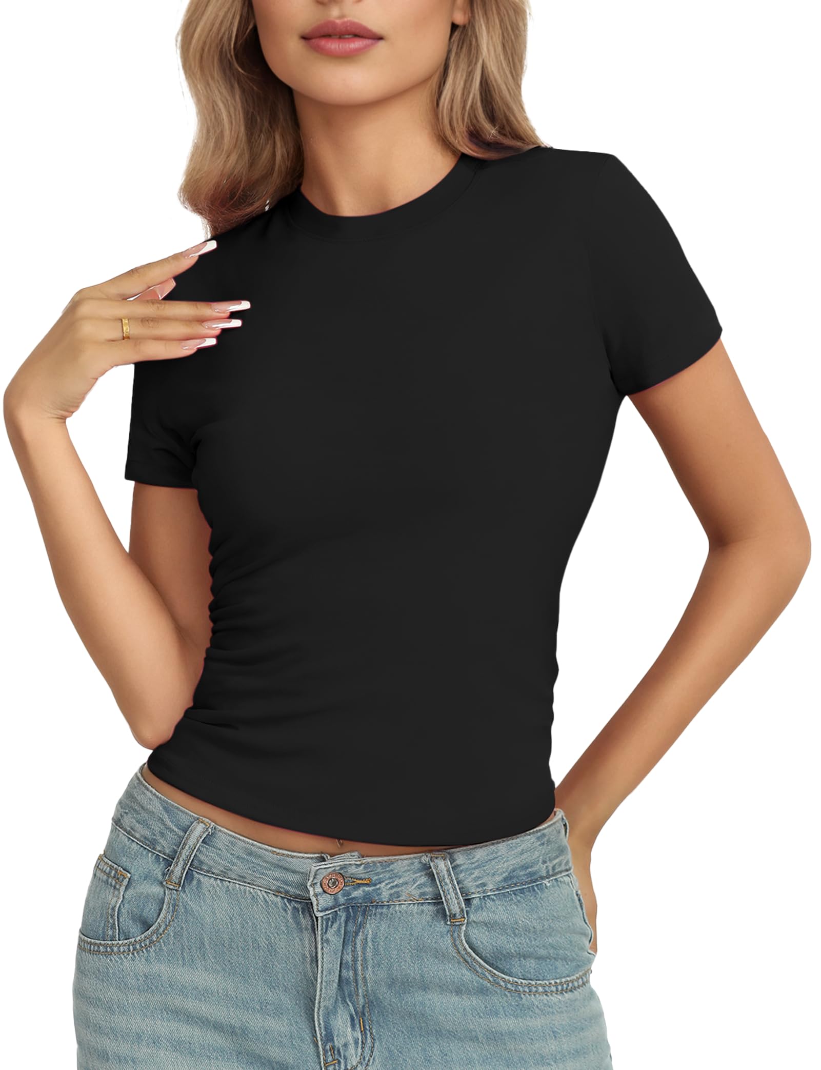 Womens Basic Short Sleeve Crew Neck T Shirt Slim Fit Tees Summer 2025 Y2k Going Out Fitted Top Cute Tight Shirts